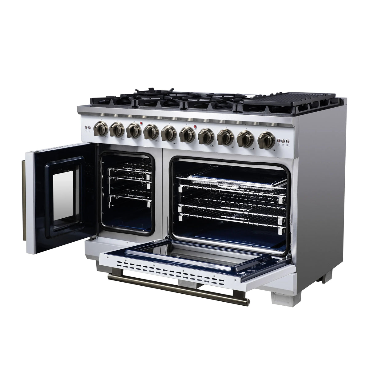 Forno Capriasca 48-Inch Freestanding Gas Range, 8 Burners, 6.58 Cu. Ft. French Door Convection Oven, White with Antique Brass Handle (FFSGS6460-48WHT)