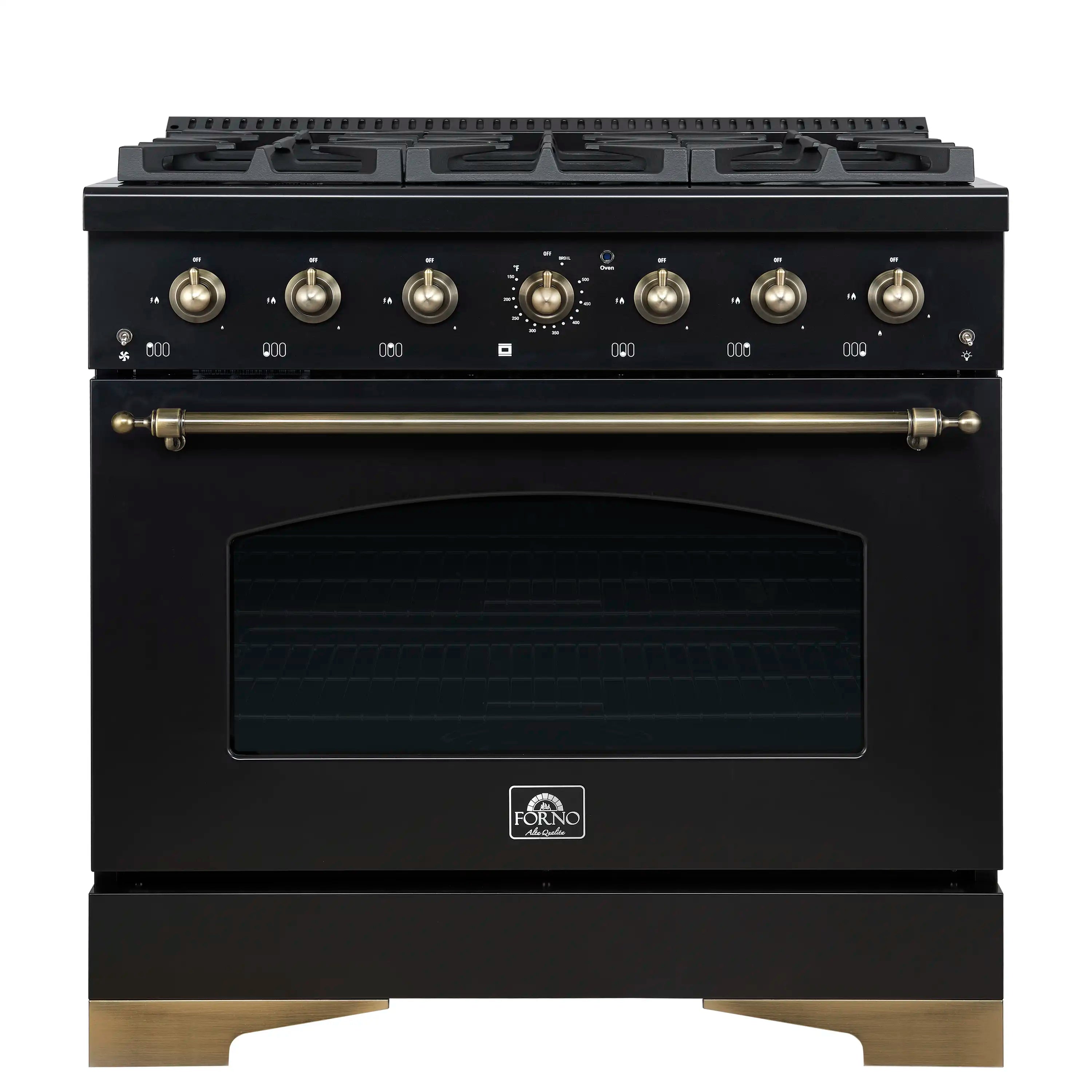 Forno Antico 36-inch Gas Range with 6 Gas Burner Cooktop and 4.5 Cu.Ft. Gas Convection Oven in Black with Antique Brass Trim (FFSGS6219-36BLK)