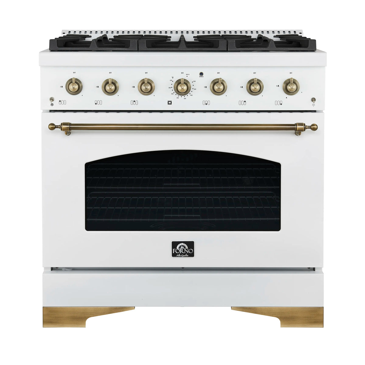 Forno Antico 3-Piece Appliance Package - 36-Inch Gas Range, 36-Inch Refrigerator, & 24-Inch Dishwasher in White with Antique Brass Trim