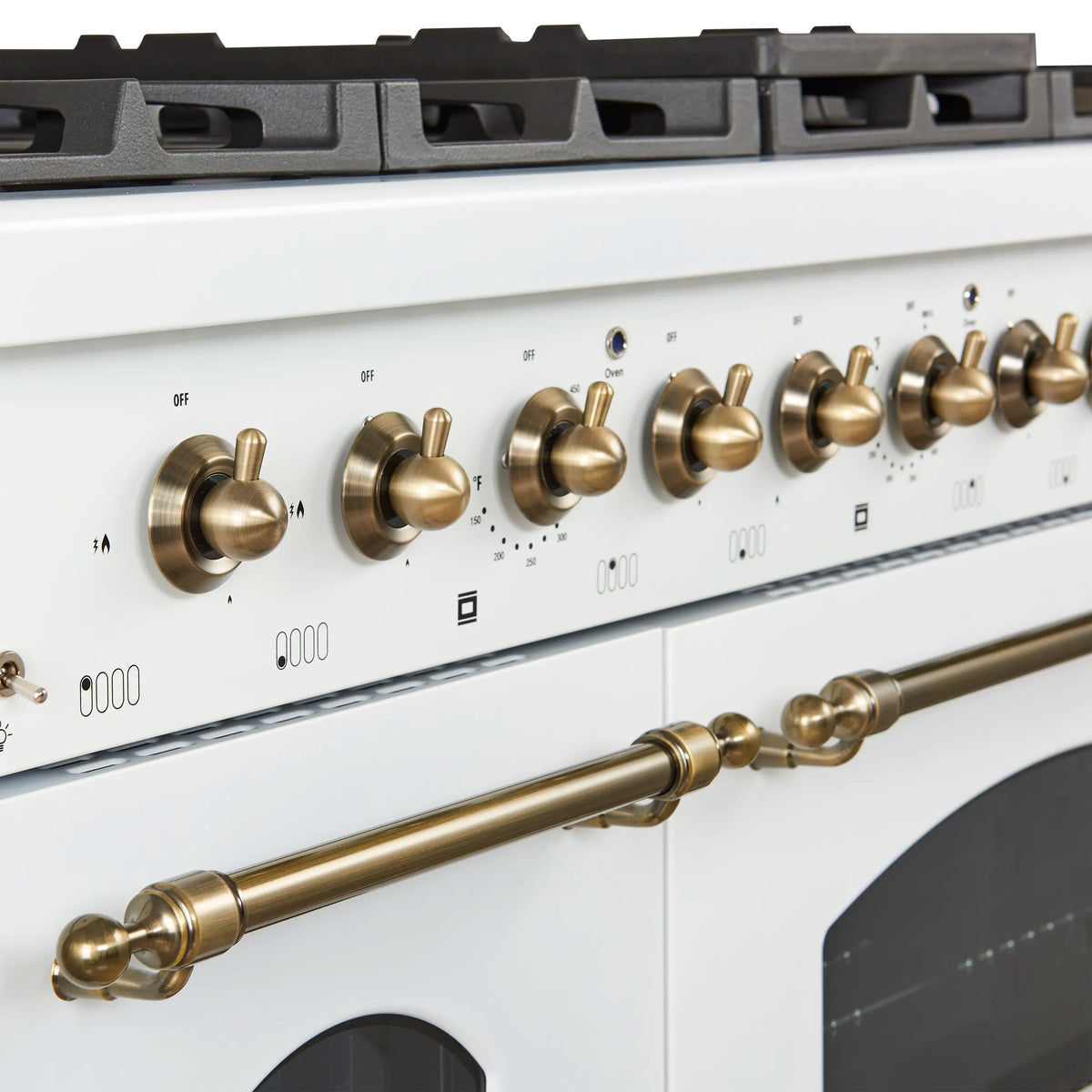 Forno Antico 48-Inch Dual Fuel Range, 8 Gas Burners, 5.5 Cu. Ft. Electric Convection Oven, White with Antique Brass Trim (FFSGS6113-48WHT)