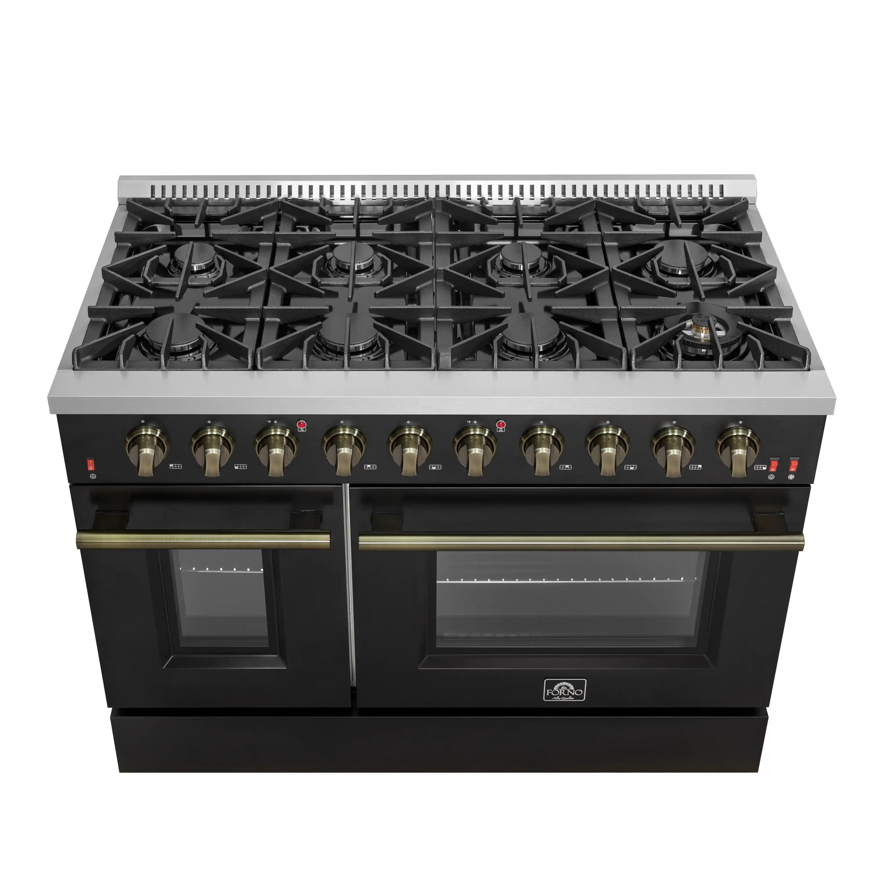 Forno Galiano 48-Inch Gas Range with 8 Burners and 6.58 Cu.Ft. Double Convection Oven in Black with Antique Brass Trim (FFSGS6244-48BLK)
