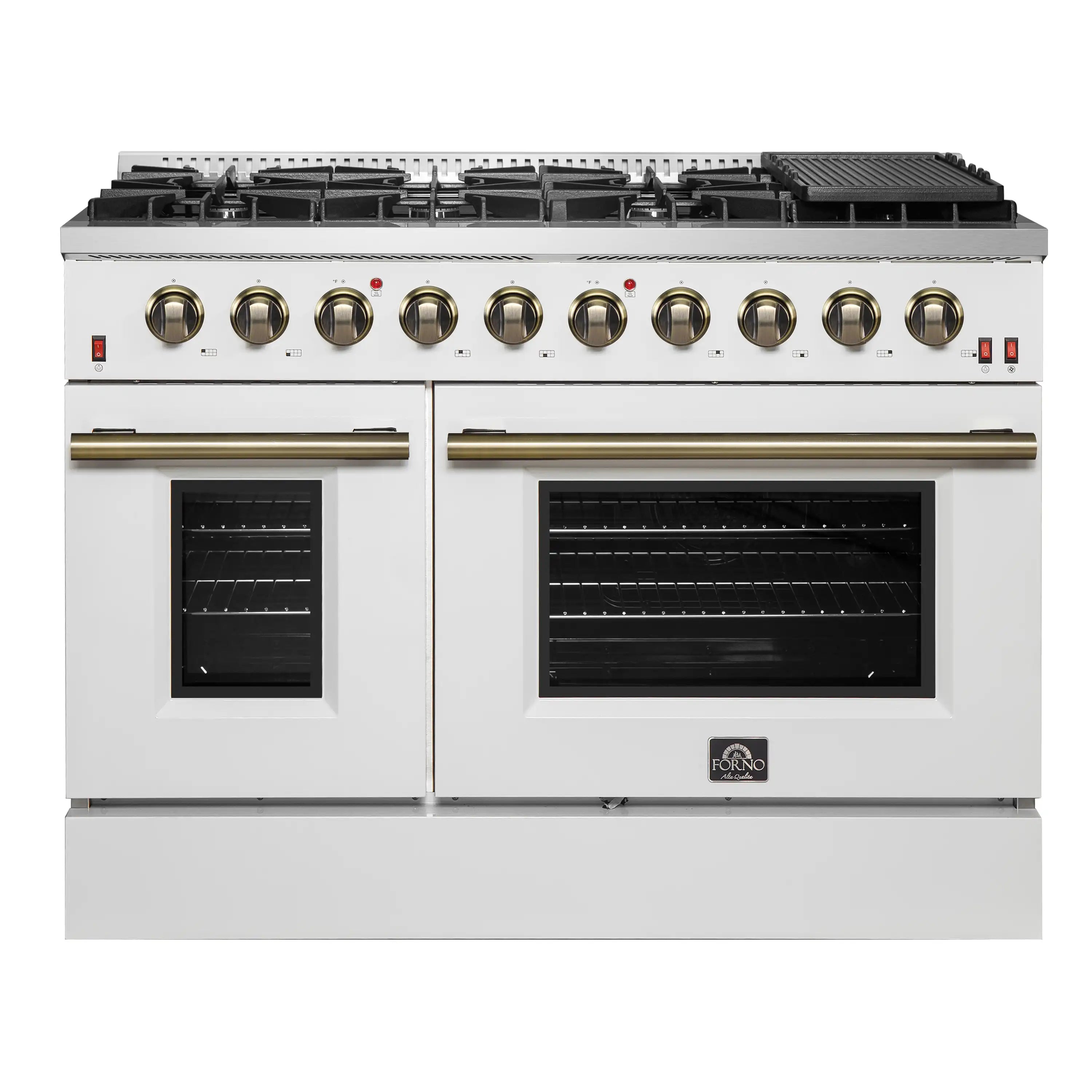 Forno Galiano 48-Inch Gas Range with 8 Burners and 6.58 Cu.Ft. Double Convection Oven in White with Antique Brass Trim (FFSGS6244-48WHT)
