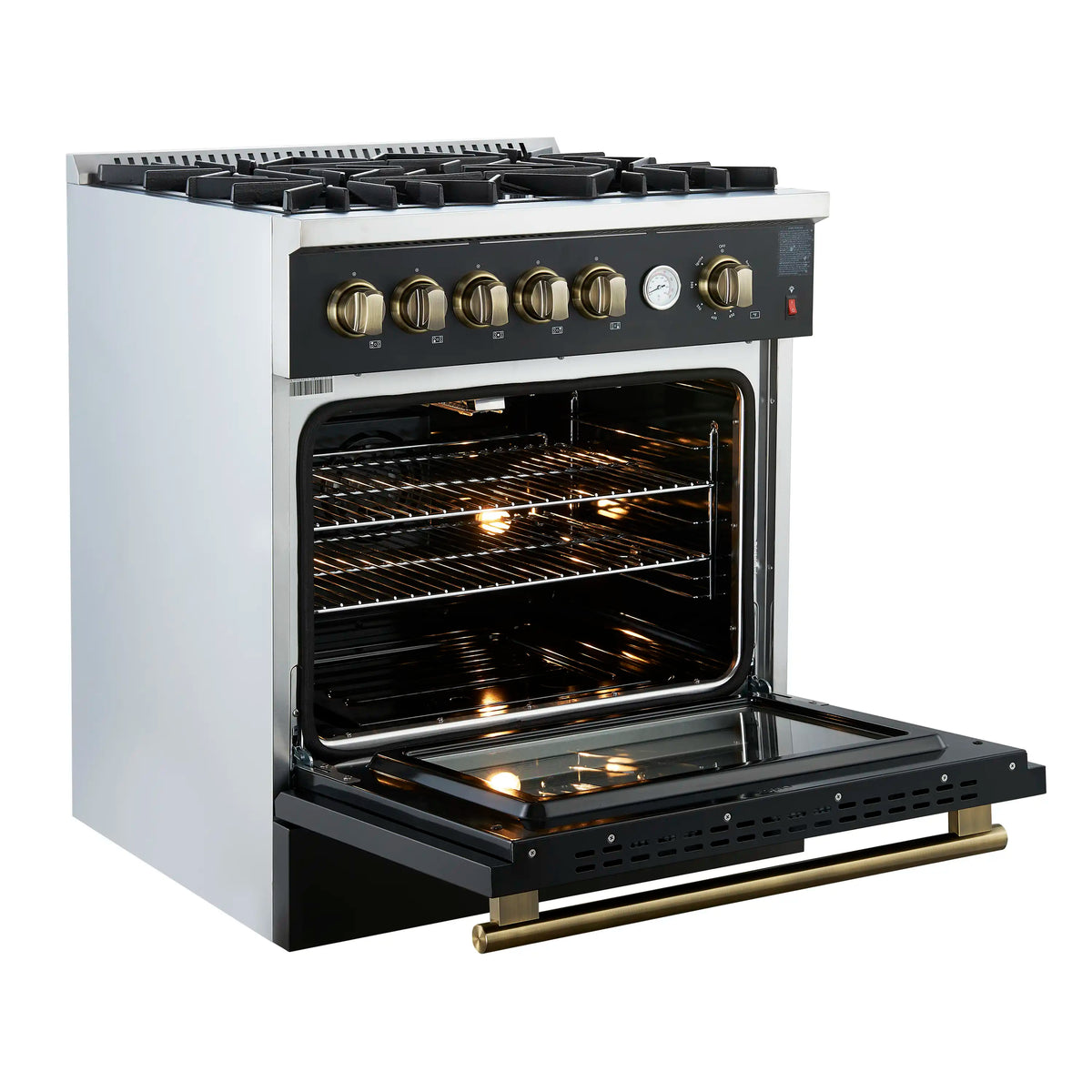 Forno Giovanni 30-Inch Gas Range, 5 Burners, 4.32 Cu. Ft. Convection Oven, Temperature Gauge, Black with Antique Brass Trim (FFSGS6274-30BLK)
