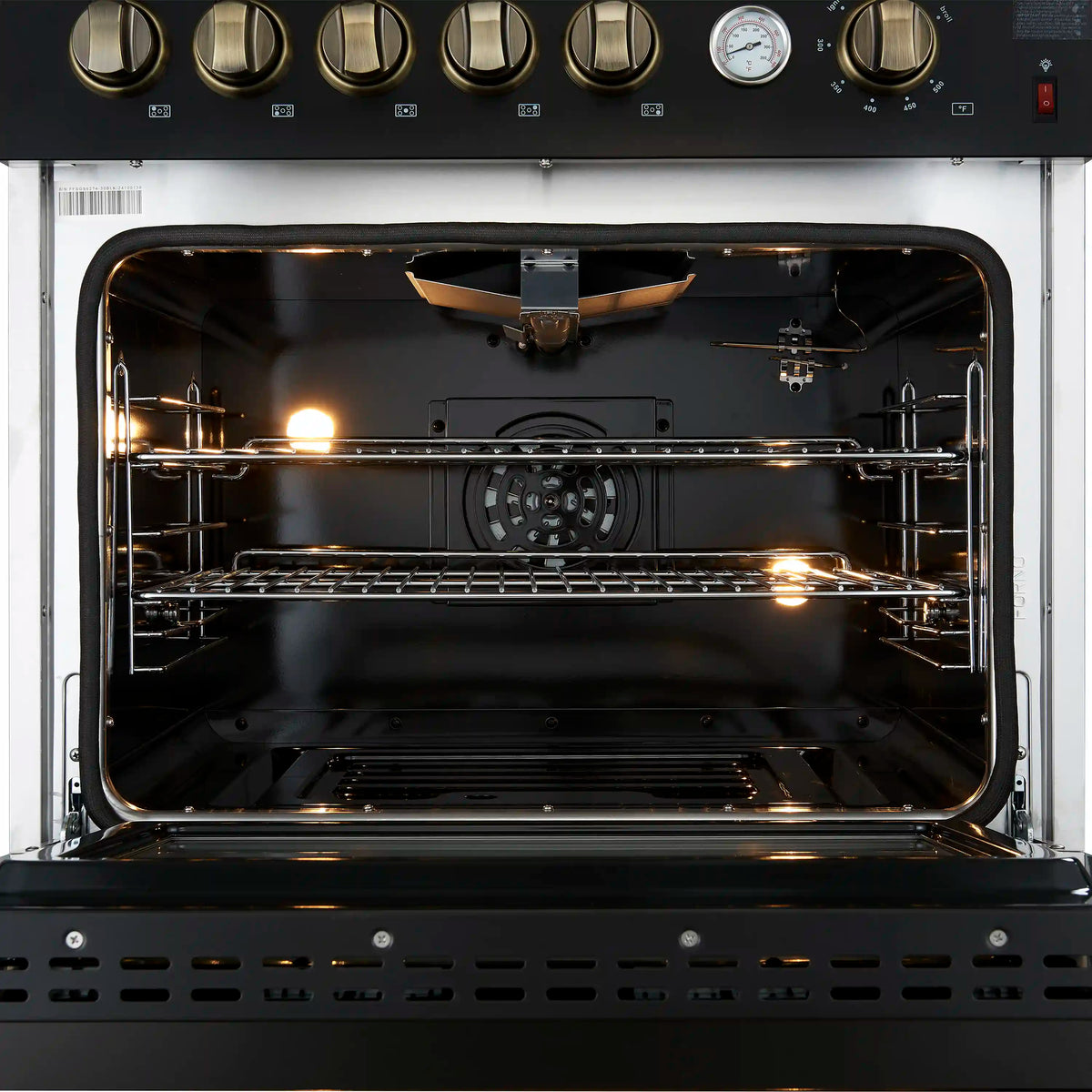 Forno Giovanni 30-Inch Gas Range, 5 Burners, 4.32 Cu. Ft. Convection Oven, Temperature Gauge, Black with Antique Brass Trim (FFSGS6274-30BLK)