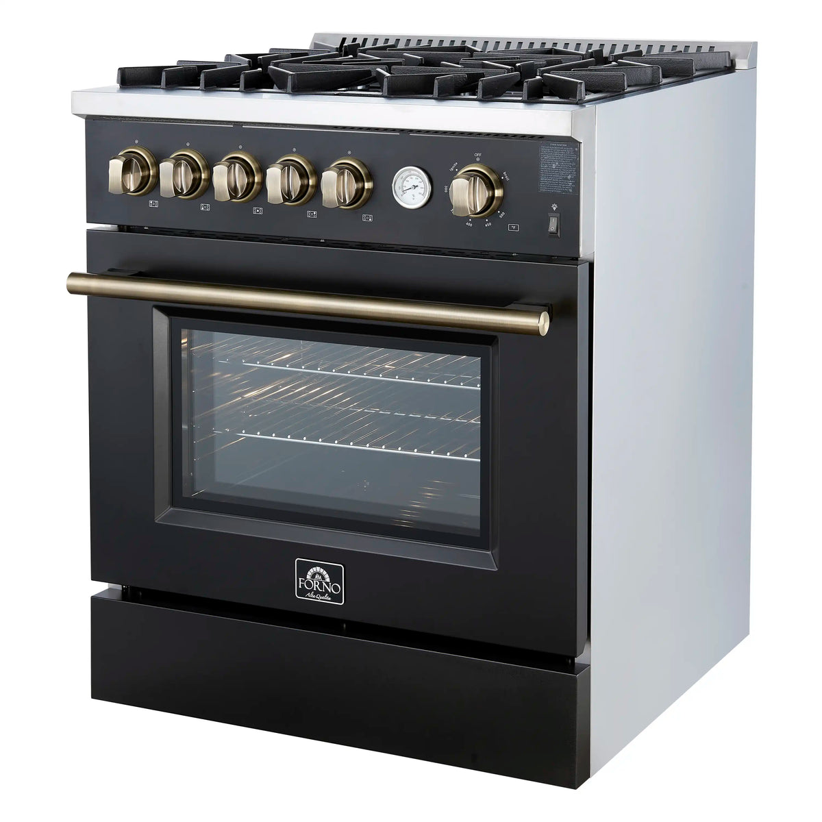 Forno Giovanni 30-Inch Gas Range, 5 Burners, 4.32 Cu. Ft. Convection Oven, Temperature Gauge, Black with Antique Brass Trim (FFSGS6274-30BLK)