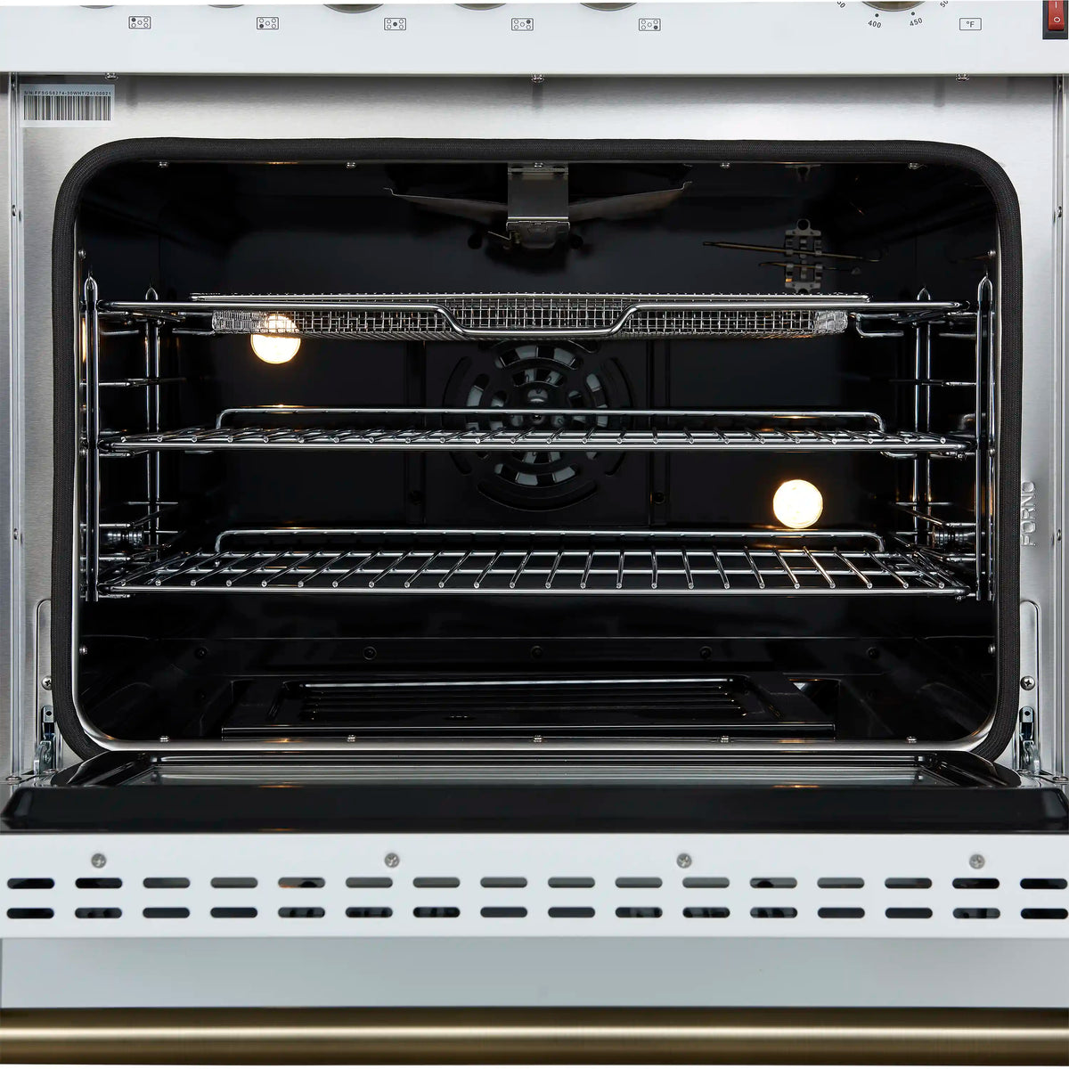 Forno Giovanni 30-Inch Gas Range, 5 Burners, 4.32 Cu. Ft. Convection Oven, Temperature Gauge, White with Antique Brass Trim (FFSGS6274-30WHT)
