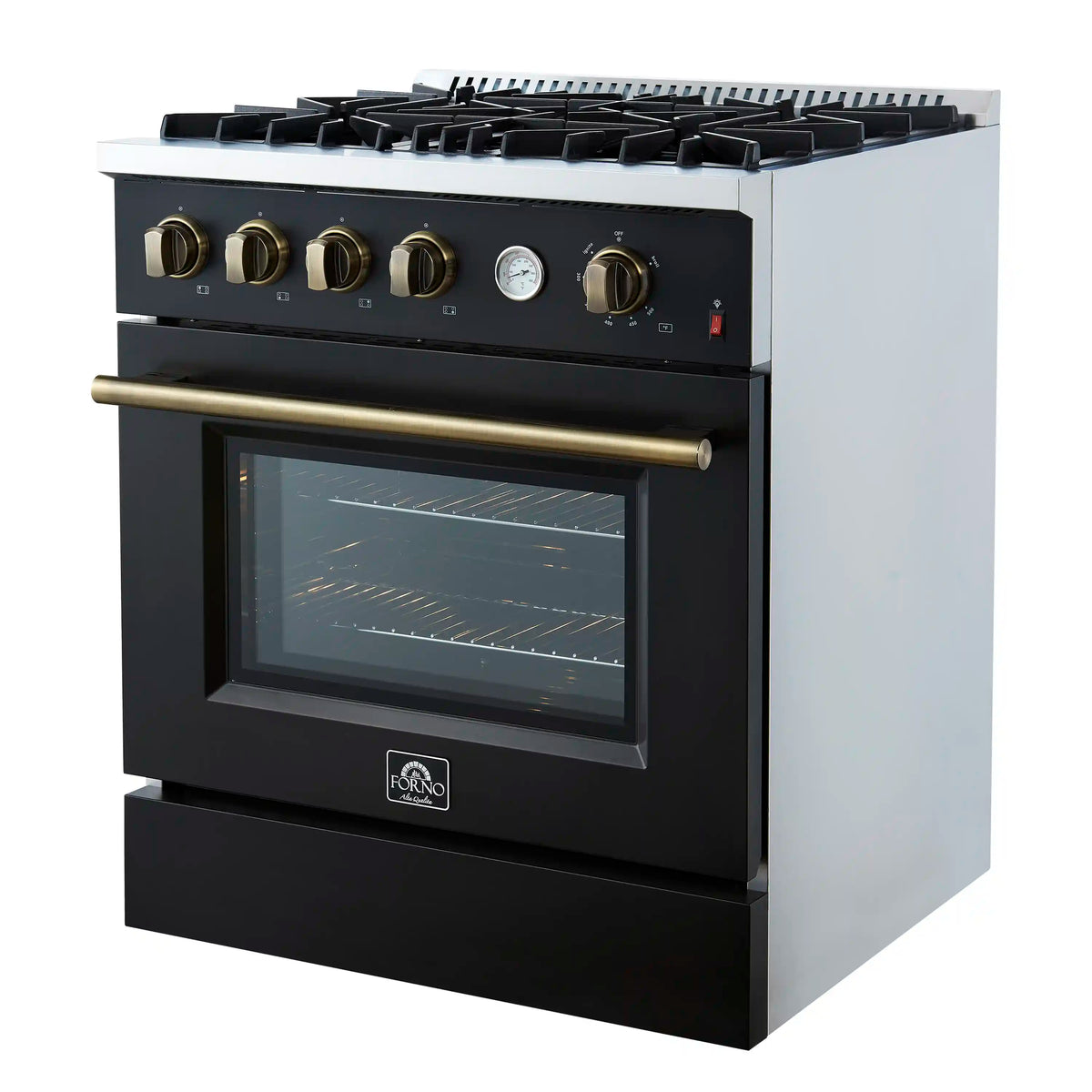 Forno Marco 30-Inch Freestanding Gas Range, 4 Burners, 4.32 Cu. Ft. Convection Oven, Black with Antique Brass Trim (FFSGS6277-30BLK)