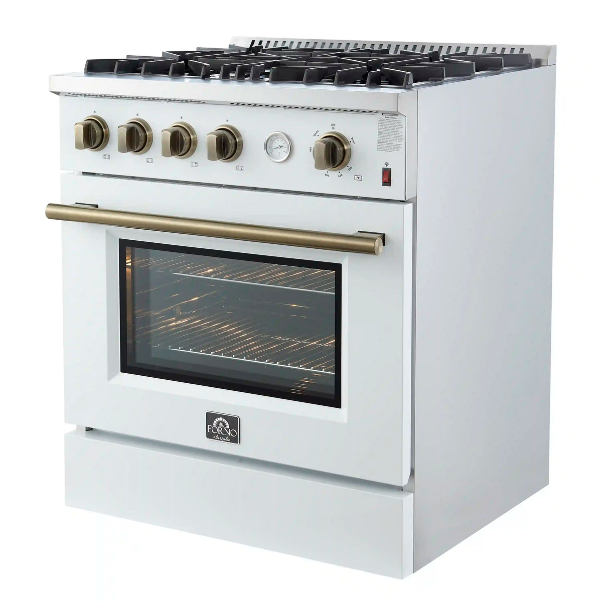 Forno Marco 30-Inch Freestanding Gas Range, 4 Burners, 4.32 Cu. Ft. Convection Oven, White with Antique Brass Trim (FFSGS6277-30WHT)