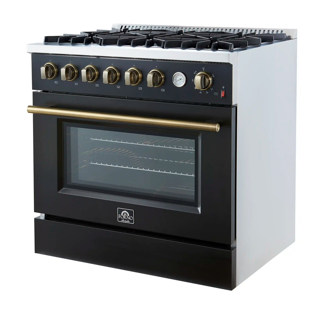 Forno Marco 36-Inch Freestanding Gas Range, 6 Burners, 5.36 Cu. Ft. Convection Oven, Black with Antique Brass Trim (FFSGS6277-36BLK)