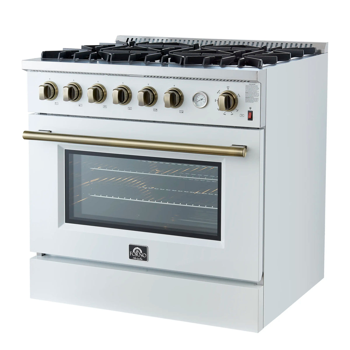 Forno Marco 36-Inch Freestanding Gas Range, 6 Burners, 5.36 Cu. Ft. Convection Oven, White with Antique Brass Trim (FFSGS6277-36WHT)