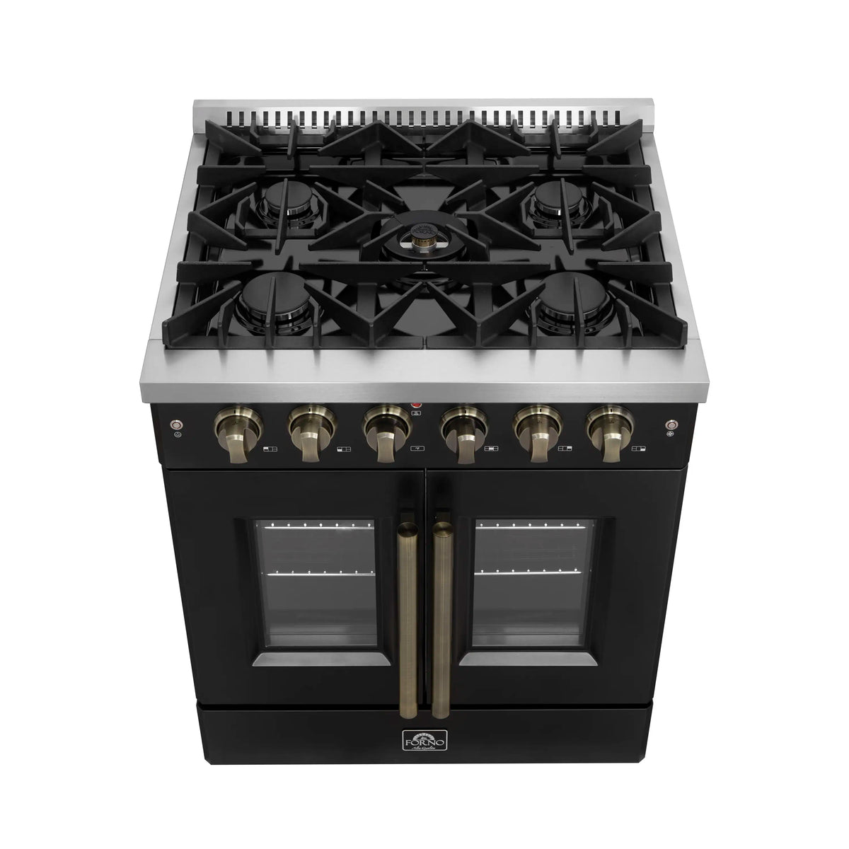 Forno Galiano 30-Inch Freestanding Gas Range, 5 Burners, 4.32 Cu. Ft. French Door Convection Oven, Black with Antique Brass Trim (FFSGS6444-30BLK)