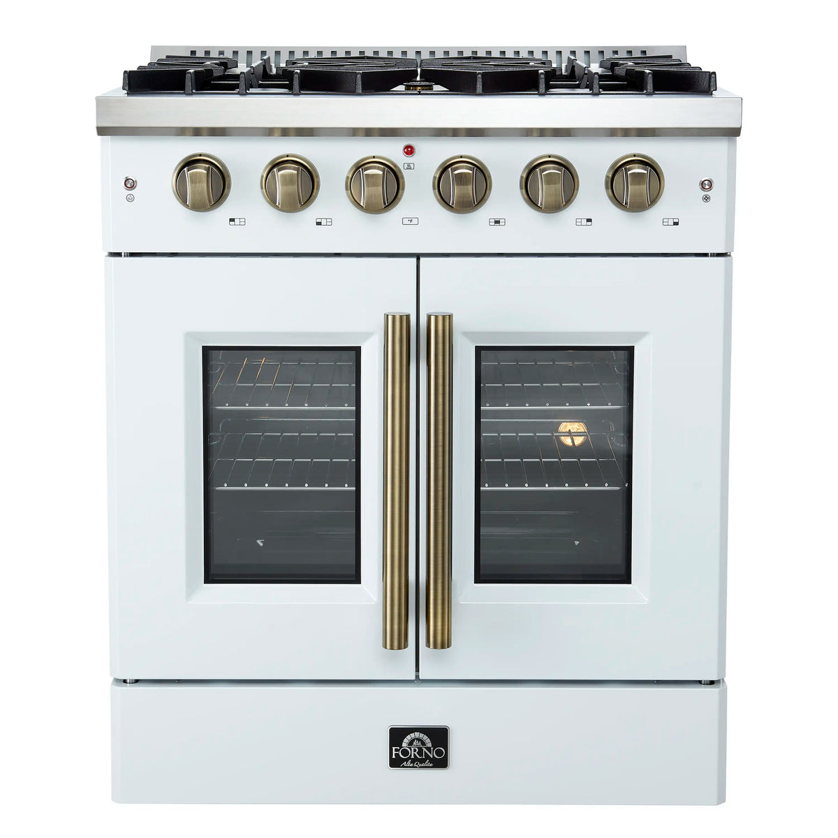 Forno 5-Piece Appliance Package - 30-inch Gas Range, Hood, Refrigerator, Dishwasher and 24-Inch Microwave Drawer in White with Antique Brass Trim