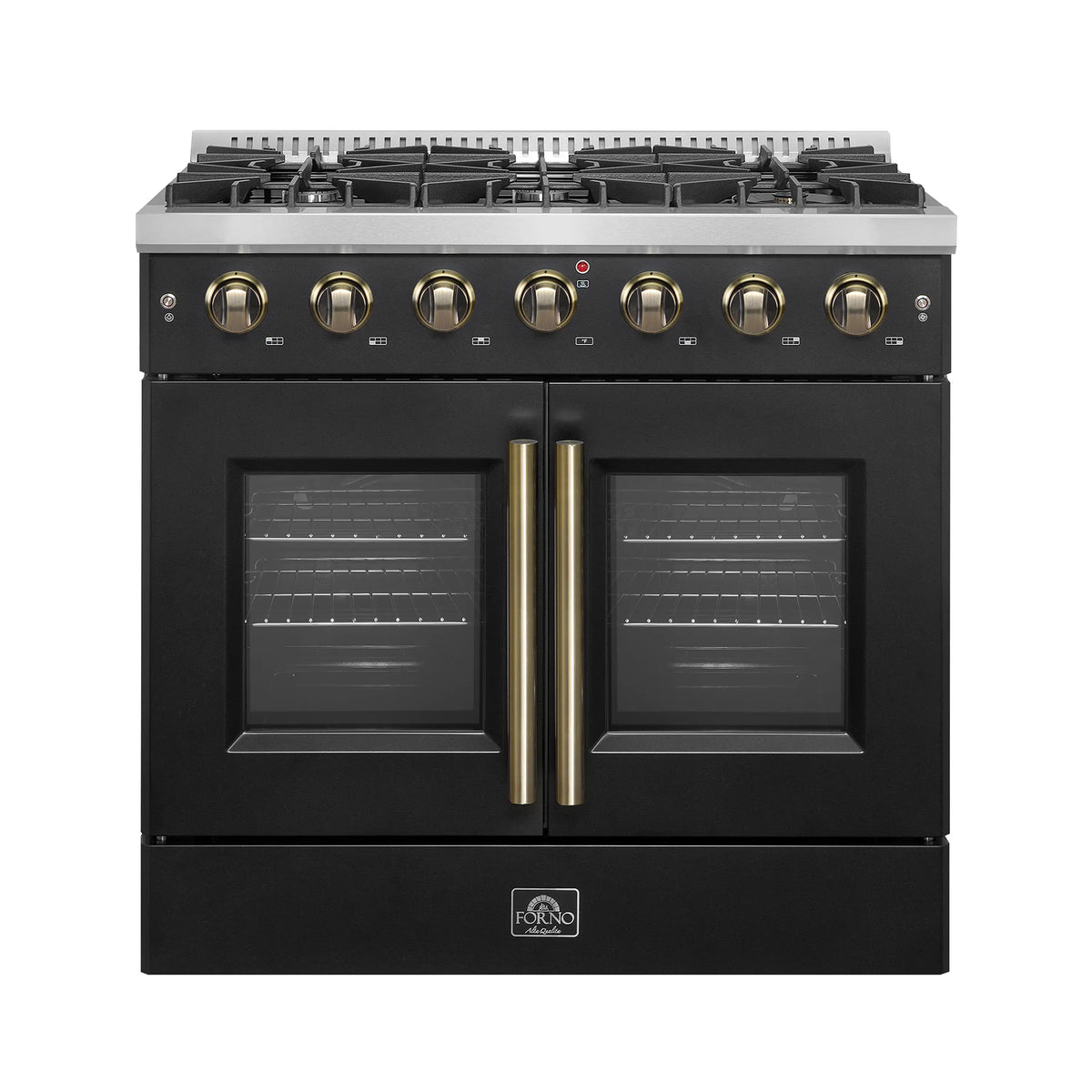 Forno 5-Piece Appliance Package - 36-inch Gas Range, Hood, Refrigerator, Dishwasher and 30-Inch Microwave Drawer in Black with Antique Brass Trim