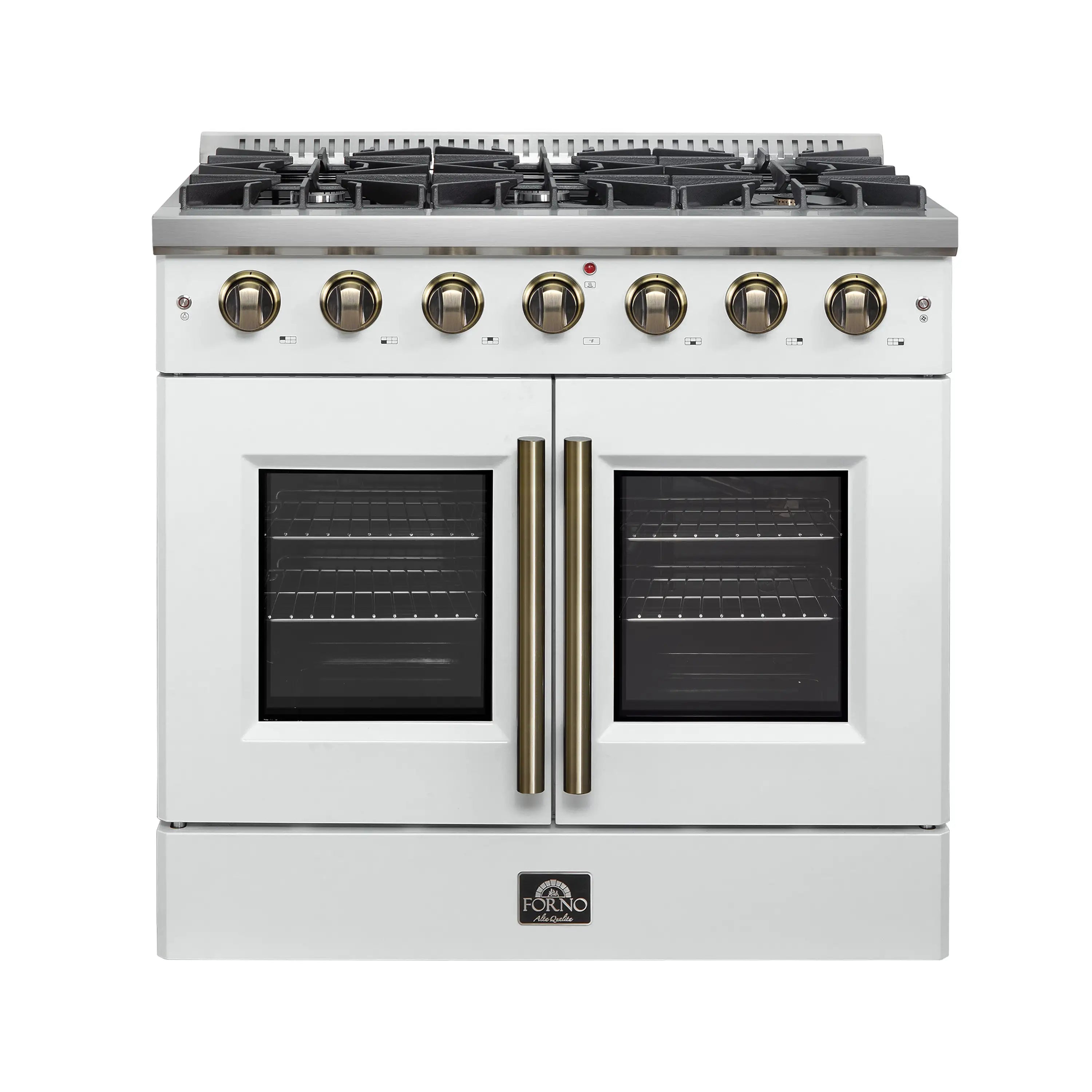 Forno Galiano 36-Inch French Door Gas Range with 6 Burners and 5.36 Cu.Ft. Convection Oven in White with Antique Brass Trim (FFSGS6444-36WHT)