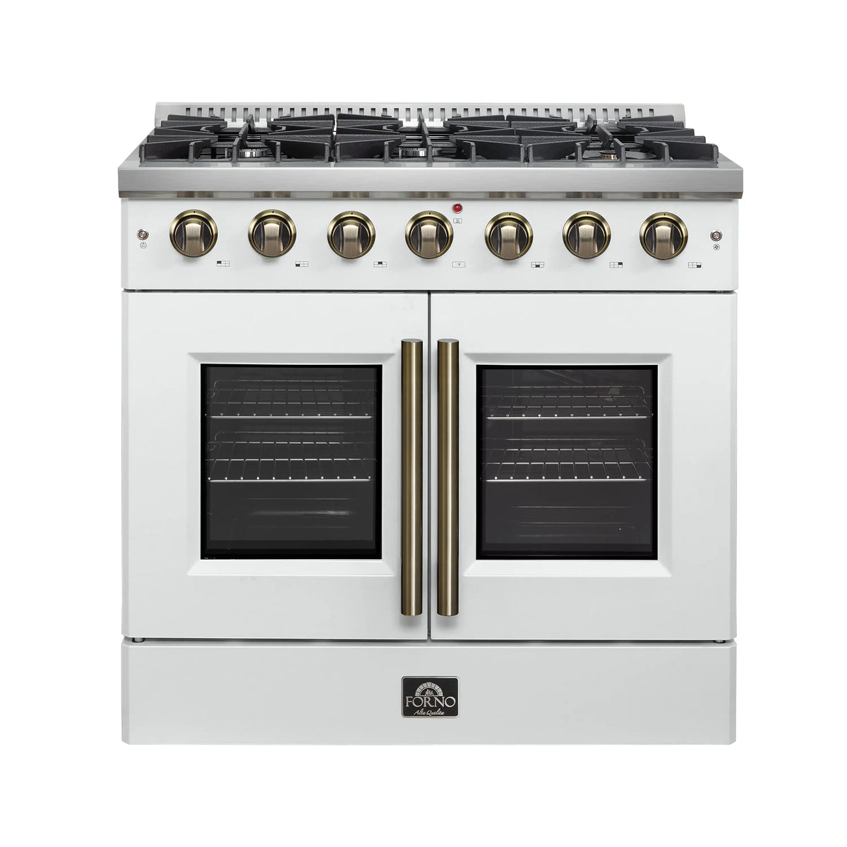 Forno 5-Piece Appliance Package - 36-inch Gas Range, Hood, Refrigerator, Dishwasher and 30-Inch Microwave Oven in White with Antique Brass Trim