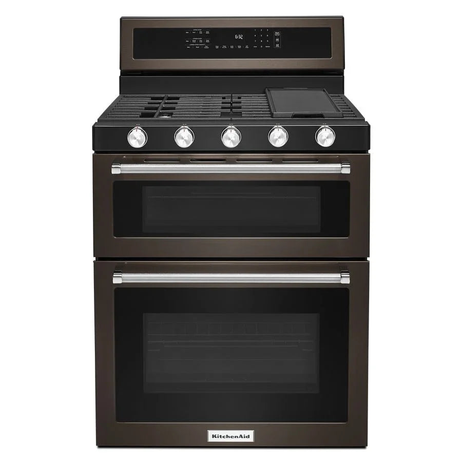 KitchenAid KFGD500EBS 30-Inch 5 Burner Gas Double Oven Convection Range Black Stainless Steel with PrintShield™ Finish