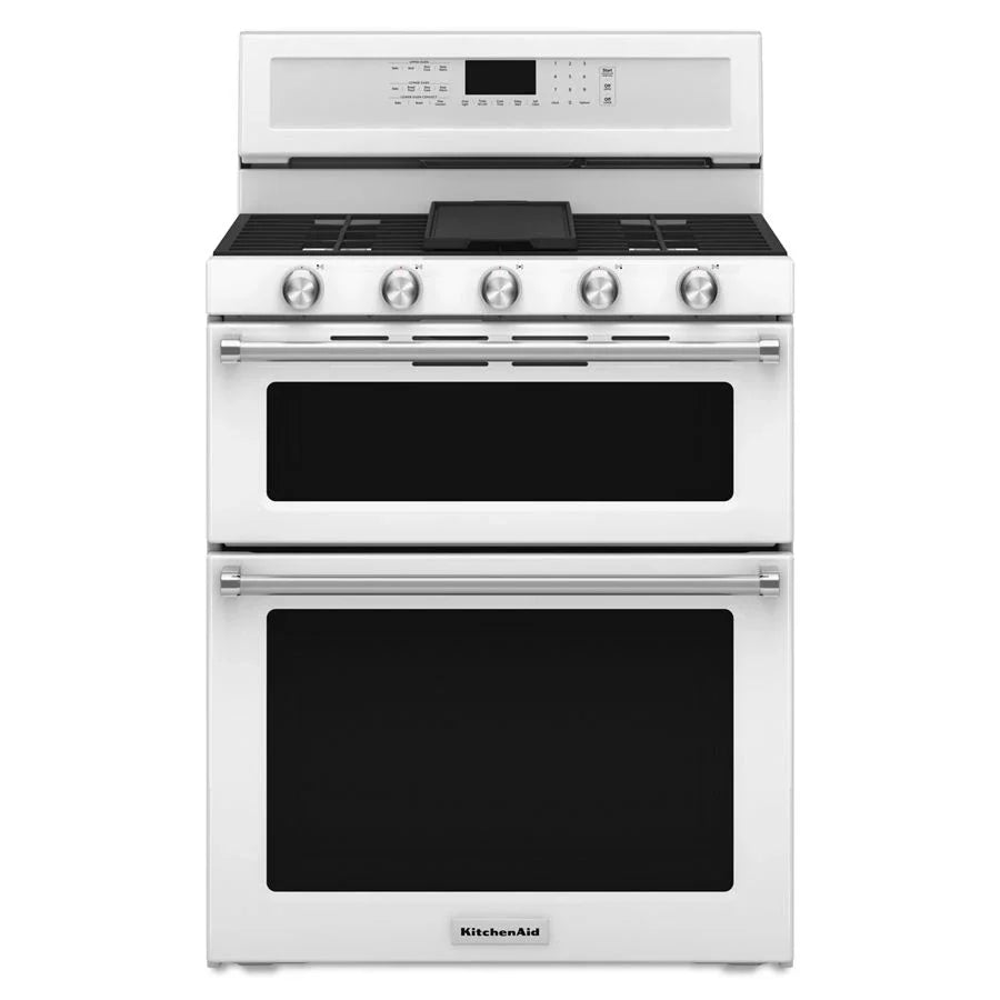 KitchenAid KFGD500EWH 30-Inch 5 Burner Gas Double Oven Convection Range White