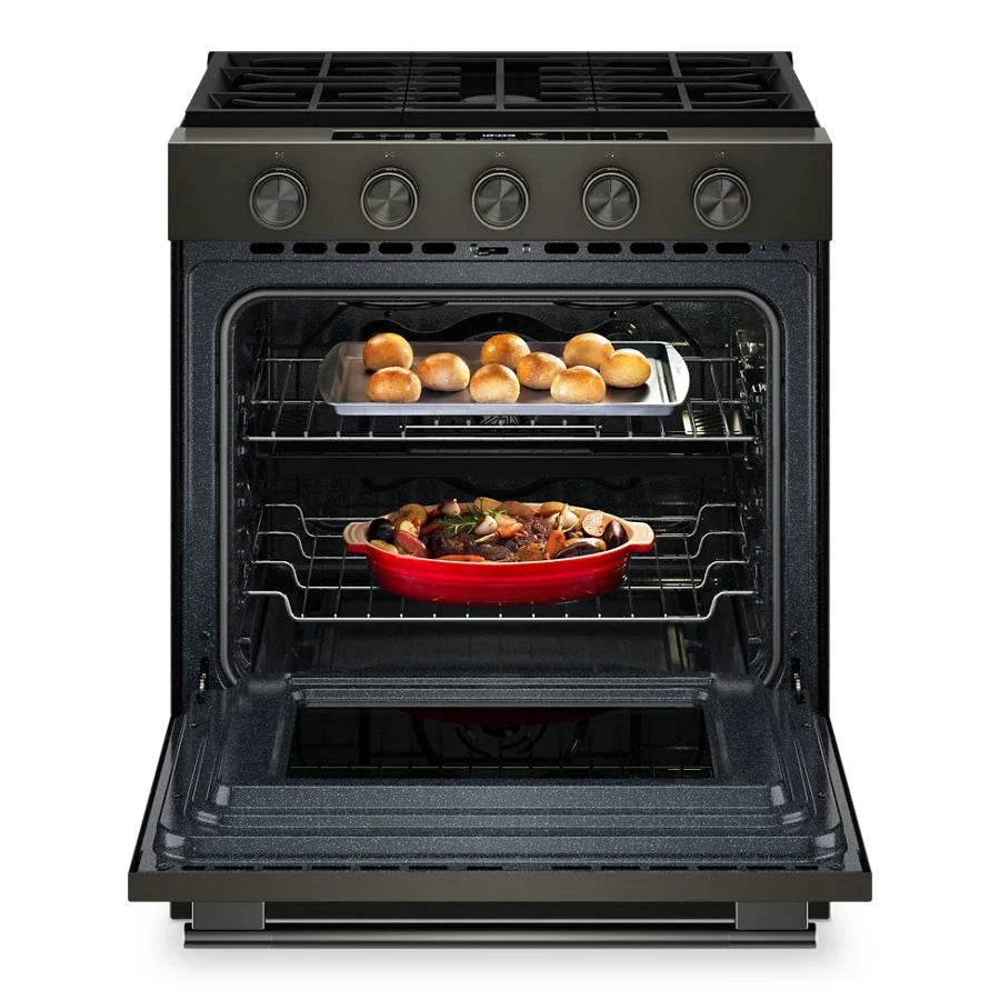 KitchenAid KSGS530SBE 5.0 Cu. Ft. Smart Slide-in Gas Range with Convection Cooking Modes and 2-in-1 Burner Black Ore