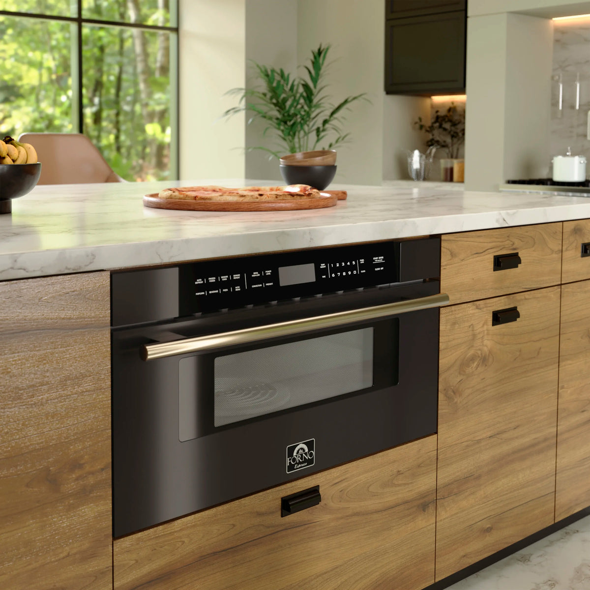Forno Capoliveri Espresso 30-Inch 1.2 Cu.ft Microwave Drawer in Black with Antique Brass Trim (FMWDR3000-30BLK)