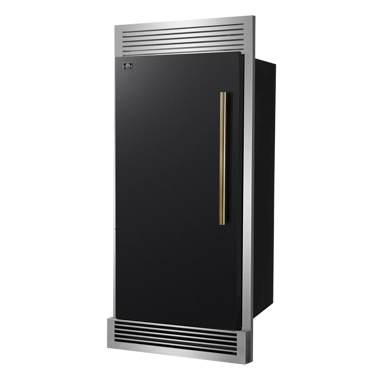 Forno Maderno 28-Inch Built-In Convertible Refrigerator in Black with Decorative Trim Grille, Antique Brass Handles, 13.6 cu.ft., Left Swing (FFFFD1722-32LSG-BLK)
