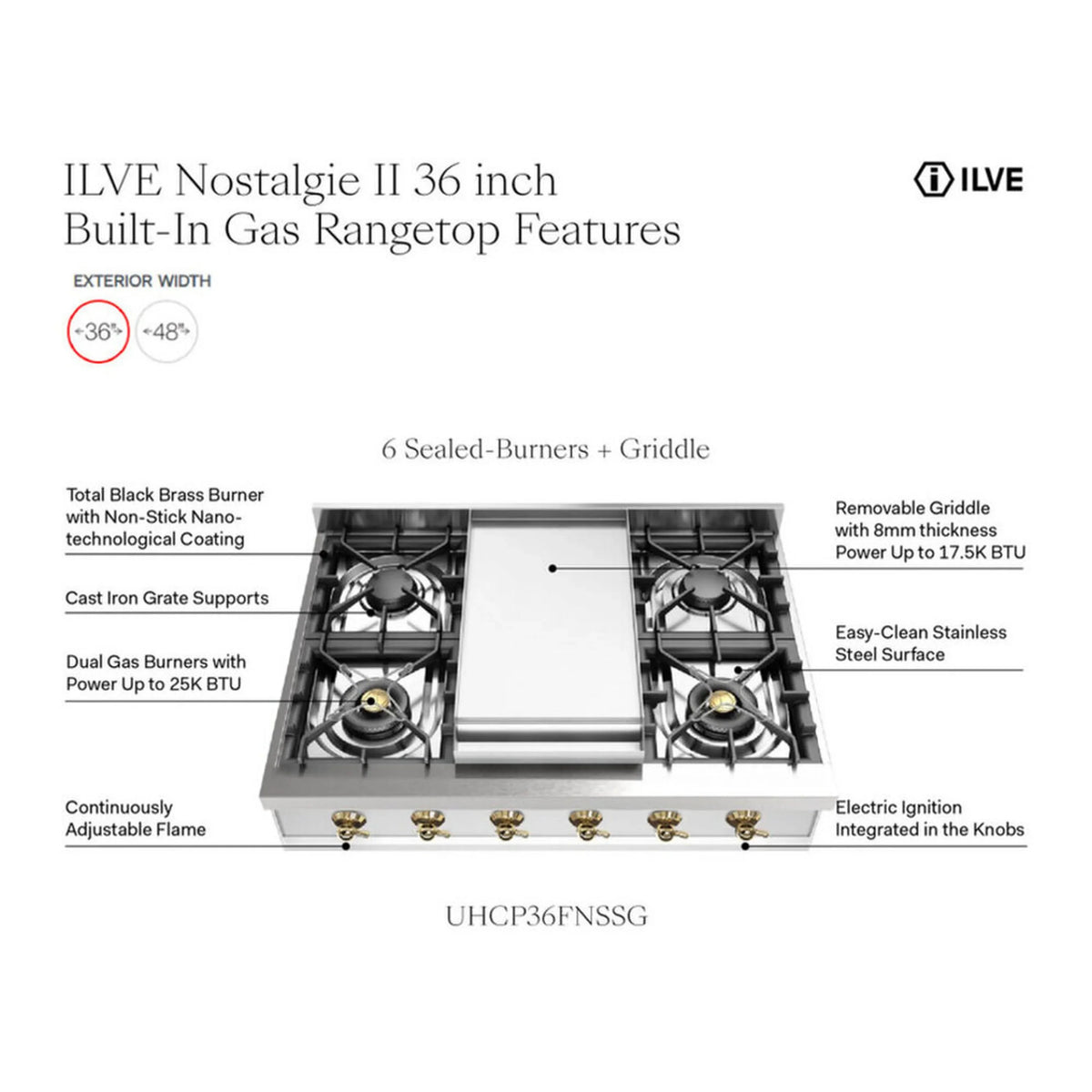 ILVE Nostalgie II 36-Inch Built-In Natural Gas Rangetop, 6 Burners, Griddle, Stainless Steel (UHCP36FNSSP)