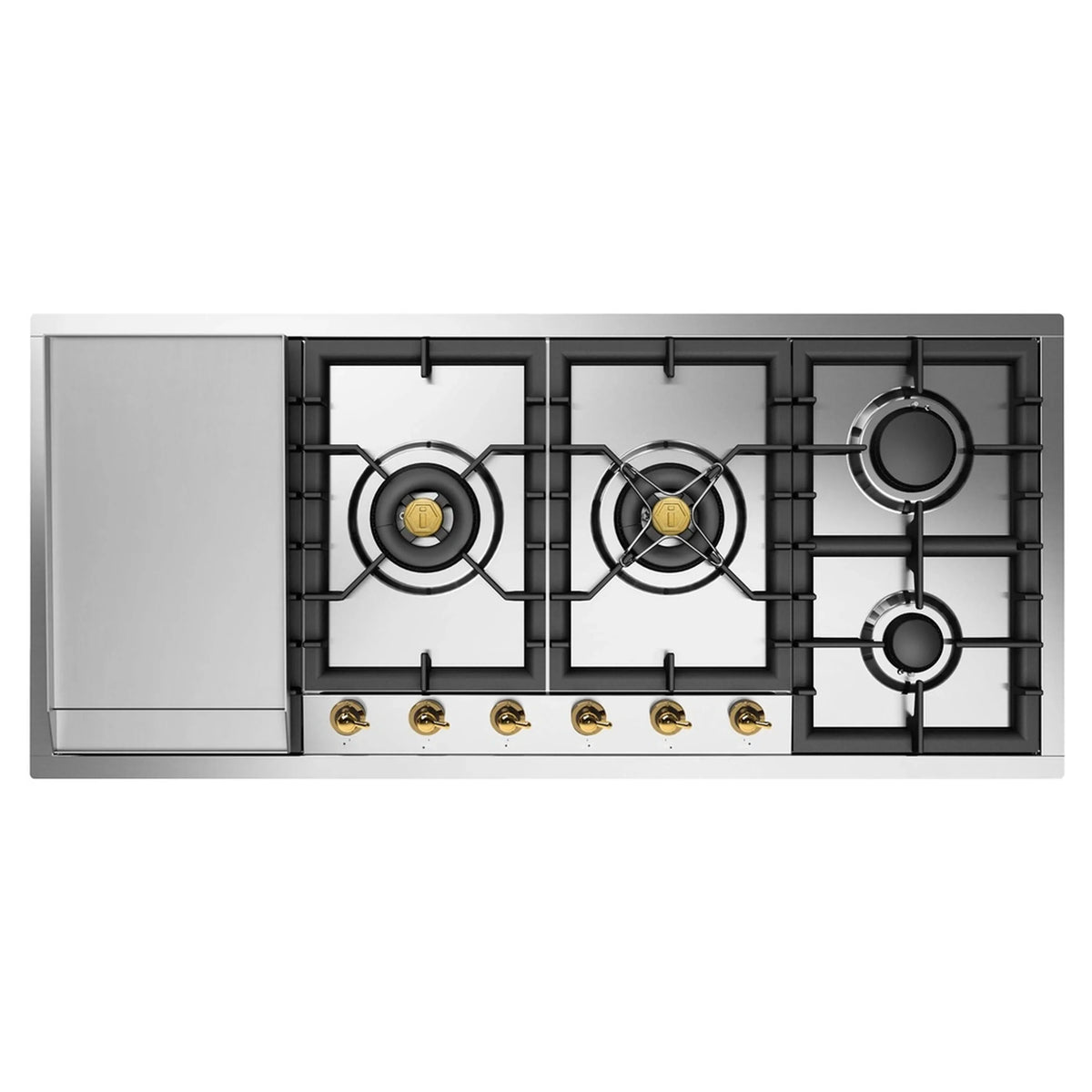 ILVE Nostalgie II 48-Inch Built-In Gas Cooktop, 6 Sealed Burners, Total Black Brass Burners, Left Griddle, Stainless Steel (UHCPT125FNSSGLP)