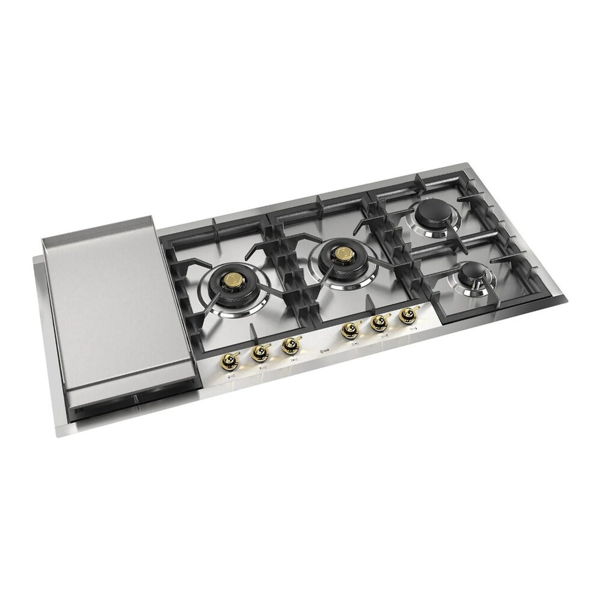 ILVE Nostalgie II 48-Inch Built-In Gas Cooktop, 6 Sealed Burners, Total Black Brass Burners, Left Griddle, Stainless Steel (UHCPT125FNSSGLP)