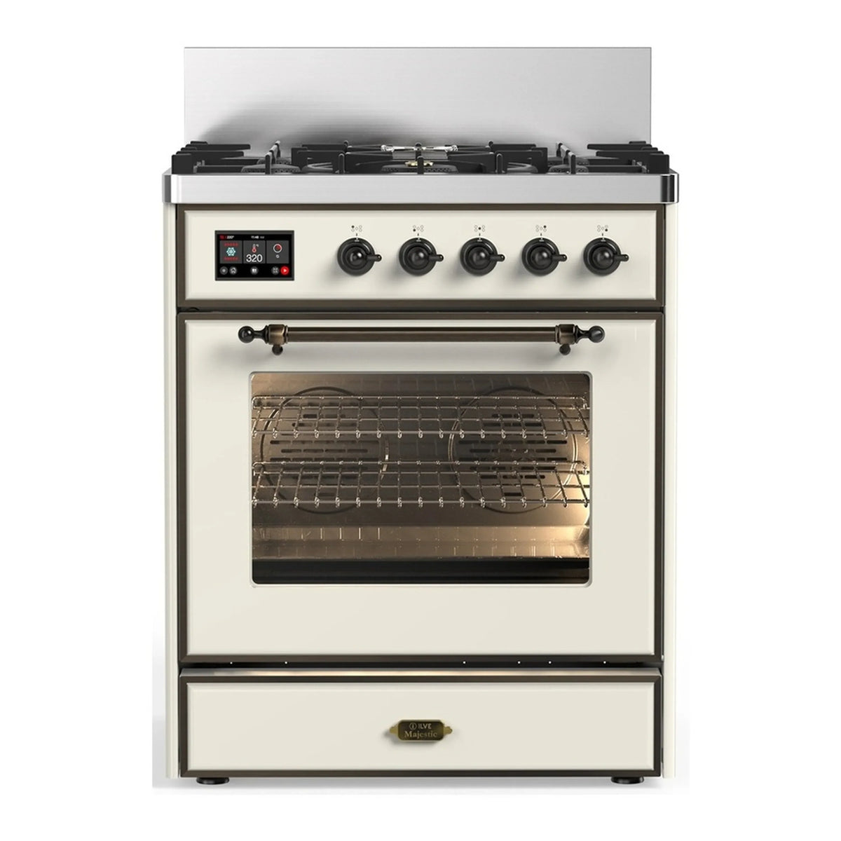ILVE Majestic III 30-Inch Propane Dual Fuel Range, 5 Burners, Triple Glass Door Oven, Antique White with Burnished Trim (UM30NR3AWBLP)