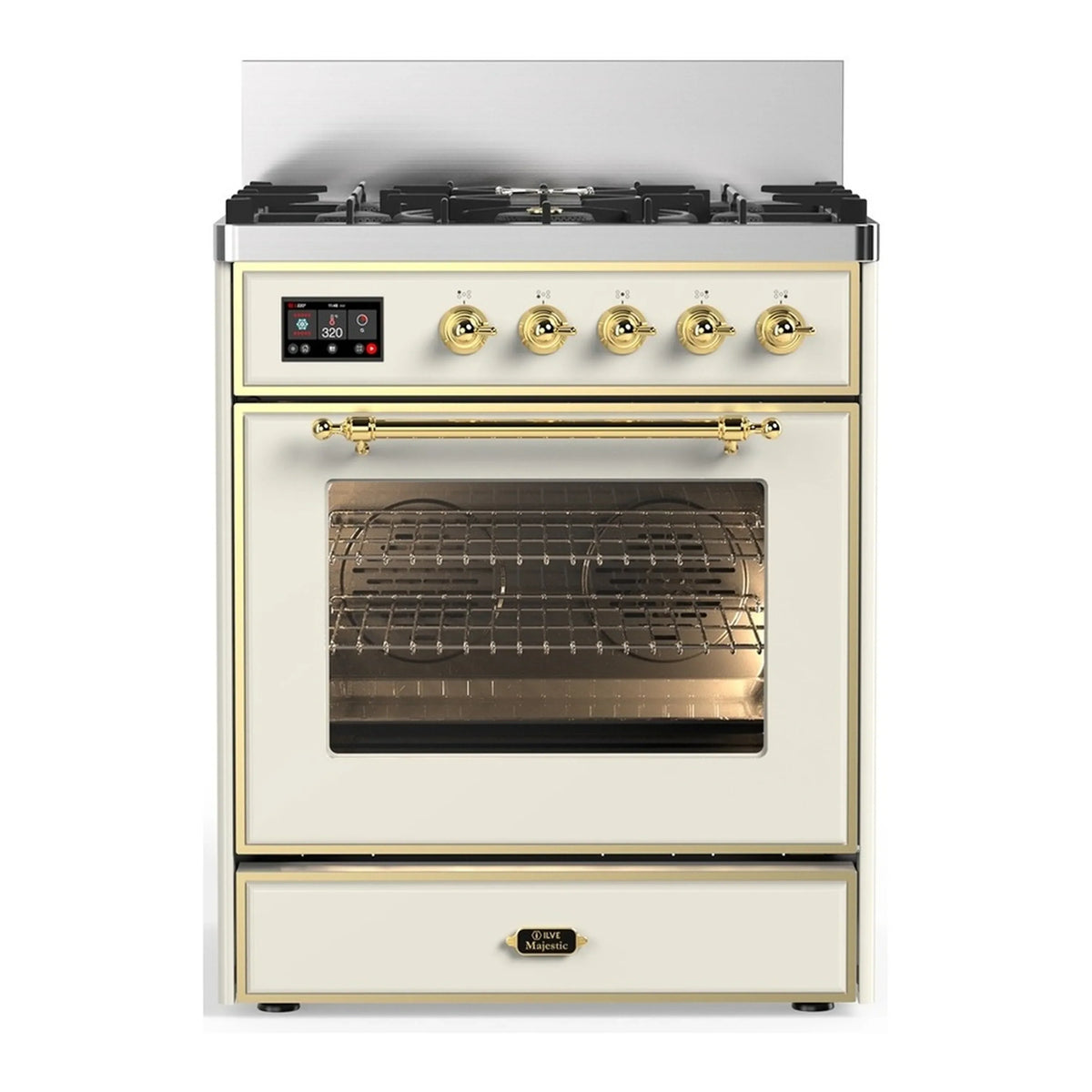 ILVE Majestic III 30-Inch Propane Dual Fuel Range, 5 Burners, Triple Glass Door Oven, Antique White with Brass Trim (UM30NR3AWGLP)