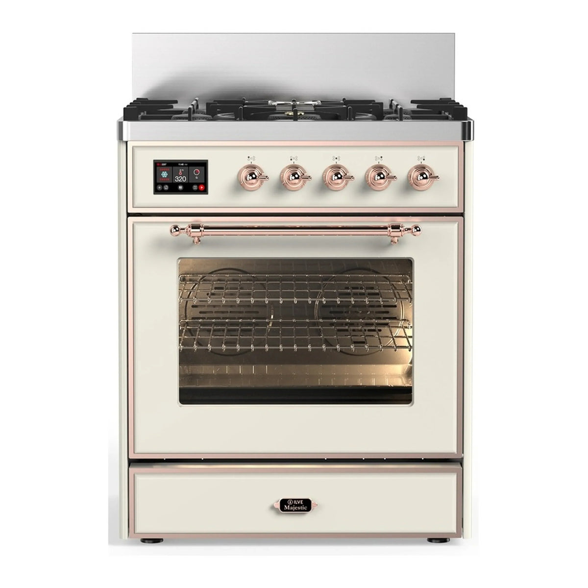 ILVE Majestic III 30-Inch Propane Dual Fuel Range, 5 Burners, Triple Glass Door Oven, Antique White with Copper Trim (UM30NR3AWPLP)