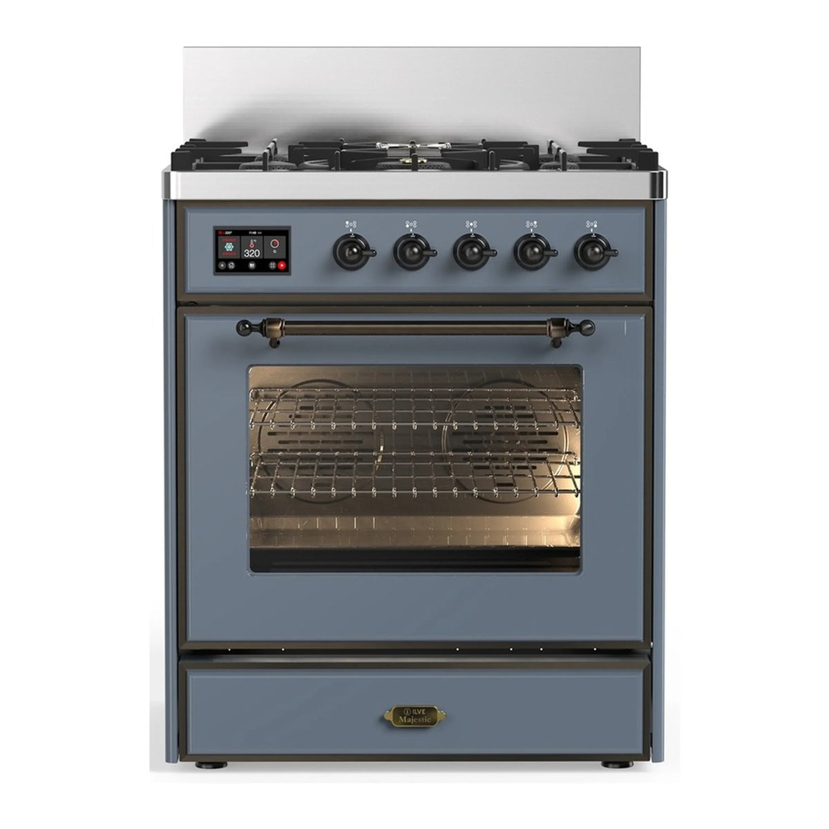 ILVE Majestic III 30-Inch Natural Gas Dual Fuel Range, 5 Burners, Triple Glass Door Oven, Blue Grey with Burnished Trim (UM30NR3BGB)