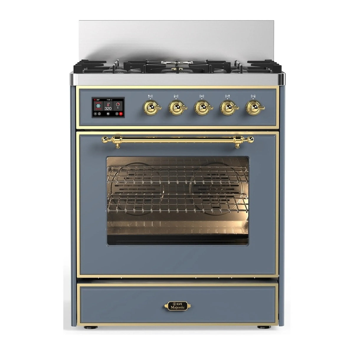 ILVE Majestic III 30-Inch Propane Dual Fuel Range, 5 Burners, Triple Glass Door Oven, Blue Grey with Brass Trim (UM30NR3BGGLP)