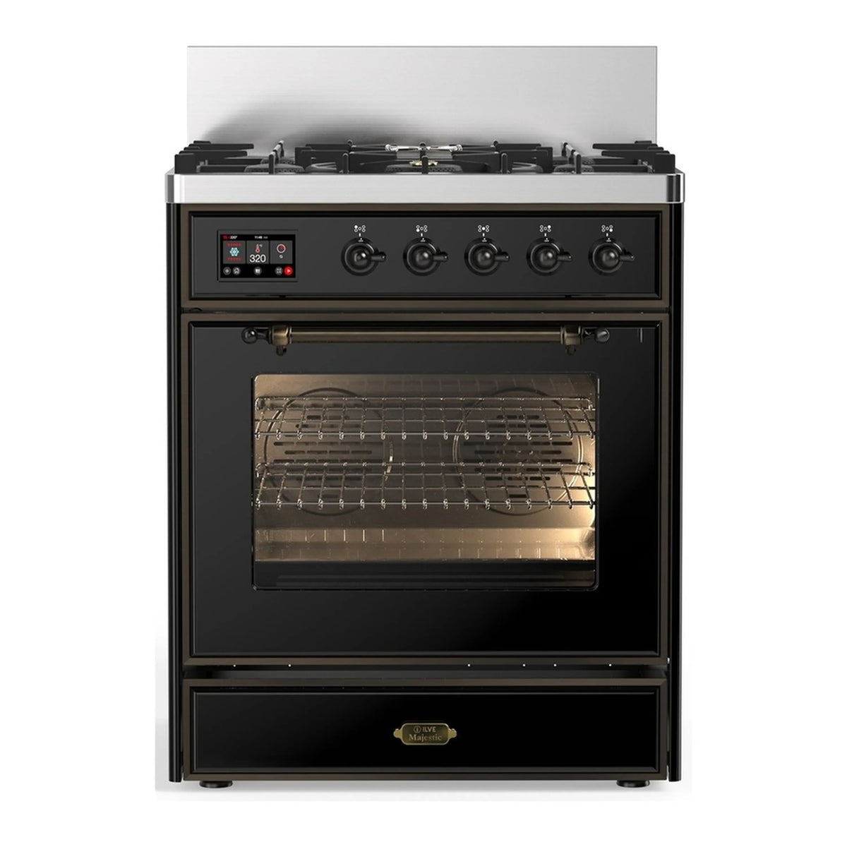 ILVE Majestic III 30-Inch Propane Dual Fuel Range, 5 Burners, Triple Glass Door Oven, Glossy Black with Burnished Trim (UM30NR3BKBLP)
