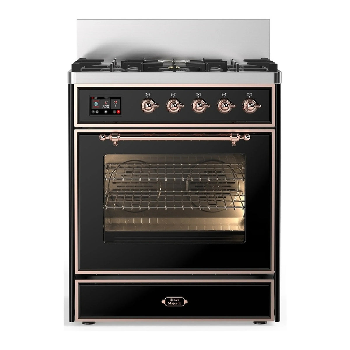 ILVE Majestic III 30-Inch Propane Dual Fuel Range, 5 Burners, Triple Glass Door Oven, Glossy Black with Copper Trim (UM30NR3BKPLP)