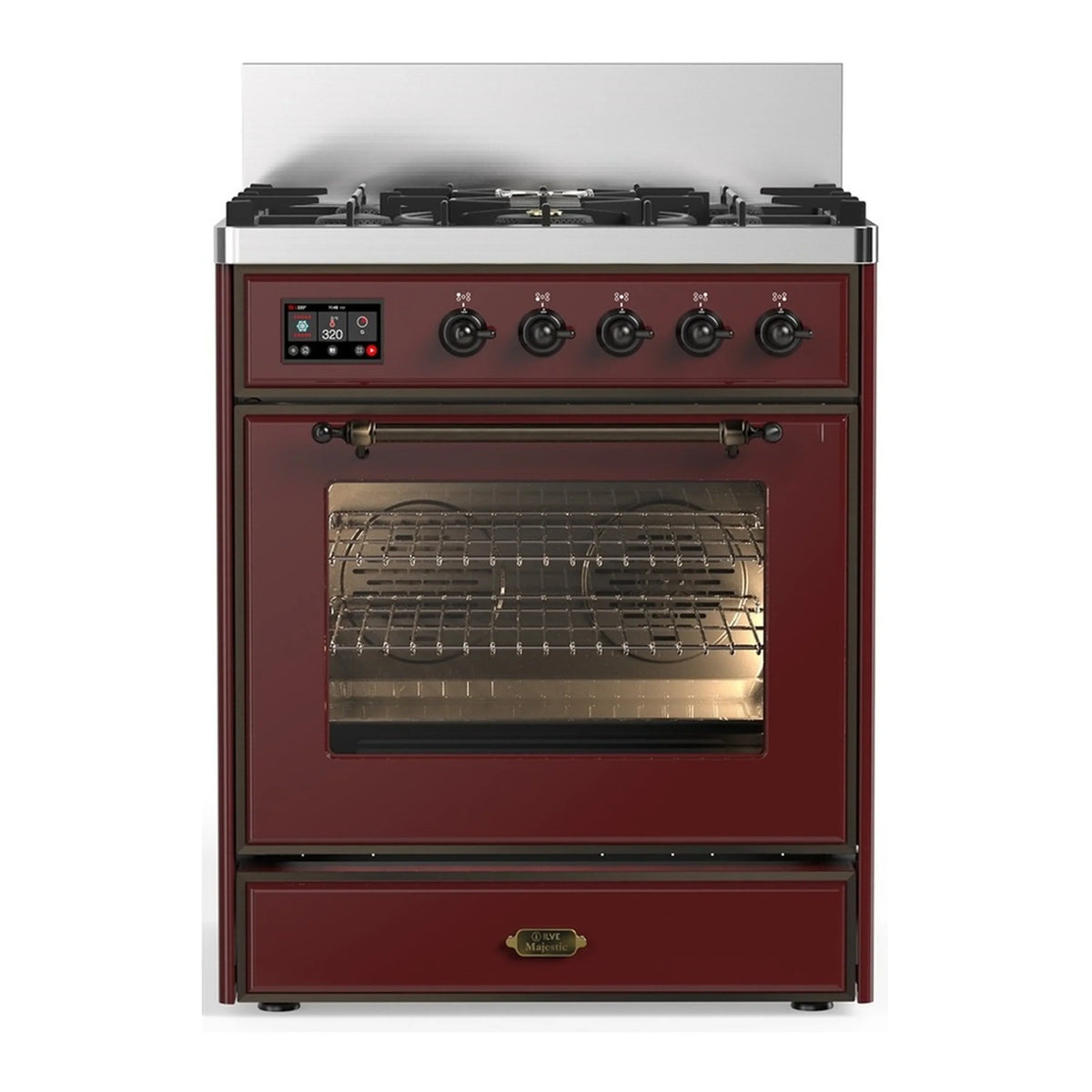 ILVE Majestic III 30-Inch Propane Dual Fuel Range, 5 Burners, Triple Glass Door Oven, Burgundy with Burnished Trim (UM30NR3BUBLP)