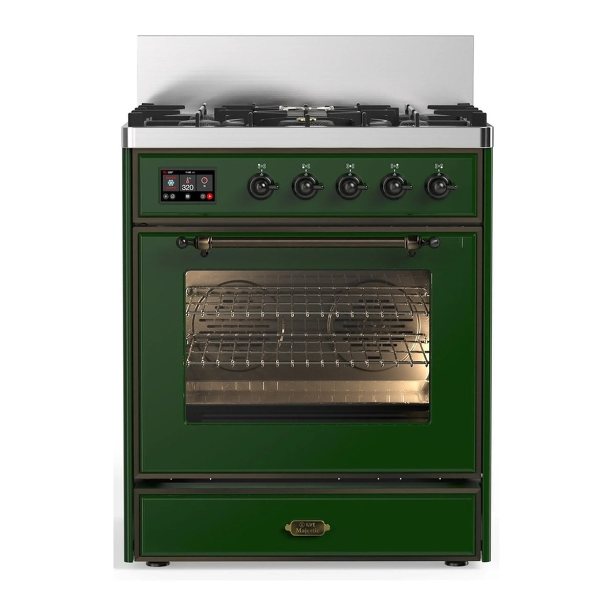 ILVE Majestic III 30-Inch Natural Gas Dual Fuel Range, 5 Burners, Triple Glass Door Oven, Emerald Green with Burnished Trim (UM30NR3EGB)