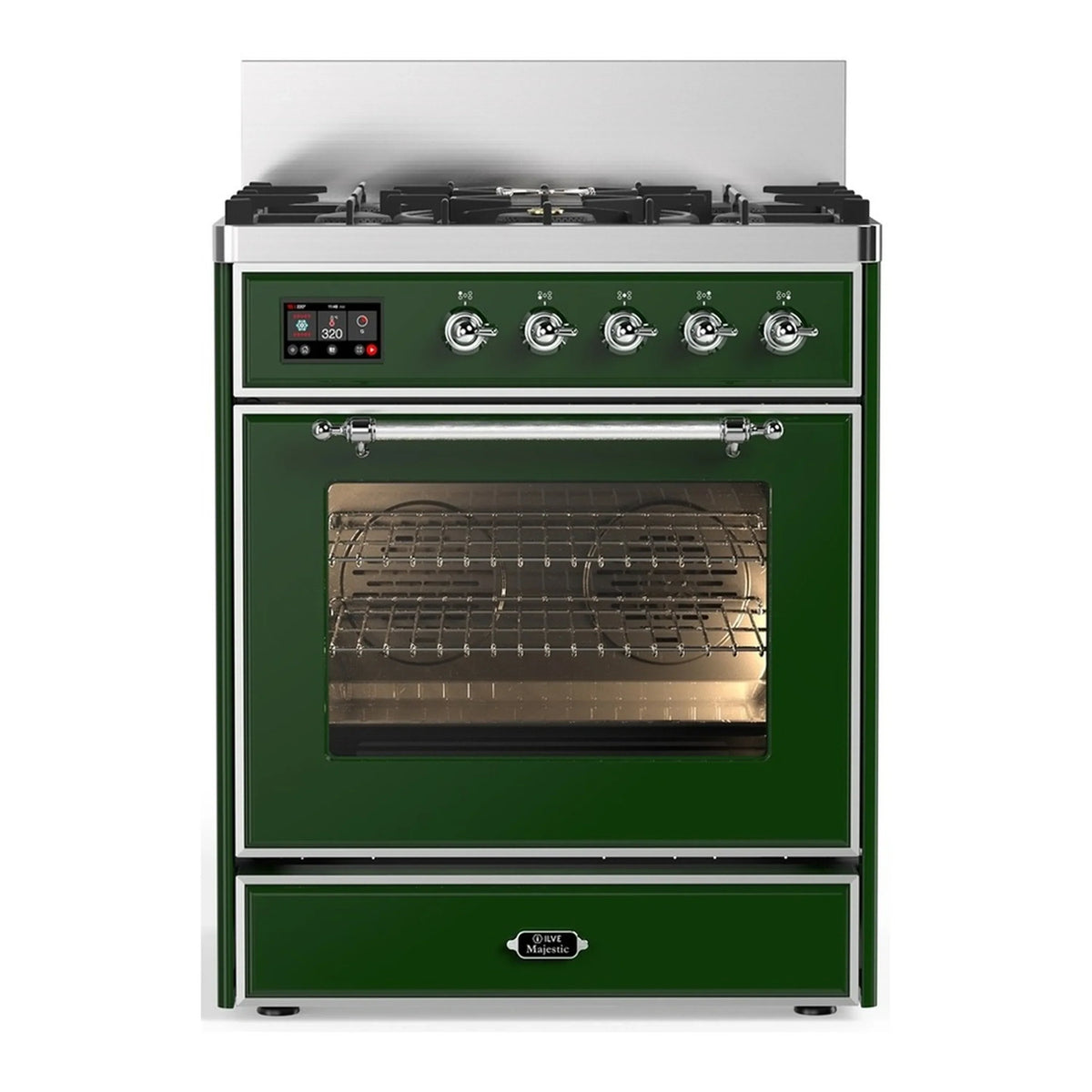 ILVE Majestic III 30-Inch Natural Gas Dual Fuel Range, 5 Burners, Triple Glass Door Oven, Emerald Green with Chrome Trim (UM30NR3EGC)