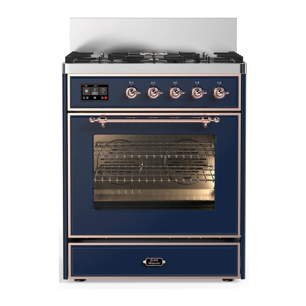ILVE Majestic III 30-Inch Propane Dual Fuel Range, 5 Burners, Triple Glass Door Oven, Midnight Blue with Copper Trim (UM30NR3MBPLP)