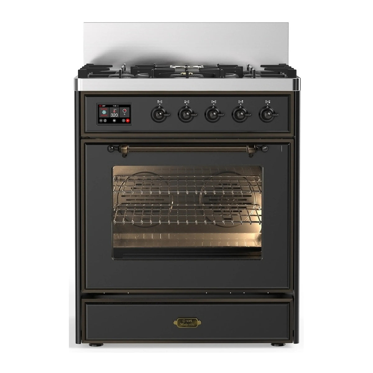 ILVE Majestic III 30-Inch Natural Gas Dual Fuel Range, 5 Burners, Triple Glass Door Oven, Graphite Matte with Burnished Trim (UM30NR3MGB)