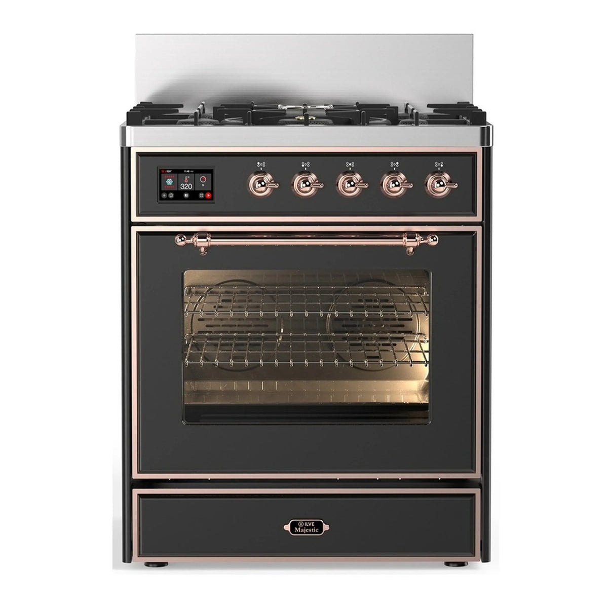 ILVE Majestic III 30-Inch Propane Dual Fuel Range, 5 Burners, Triple Glass Door Oven, Graphite Matte with Copper Trim (UM30NR3MGPLP)