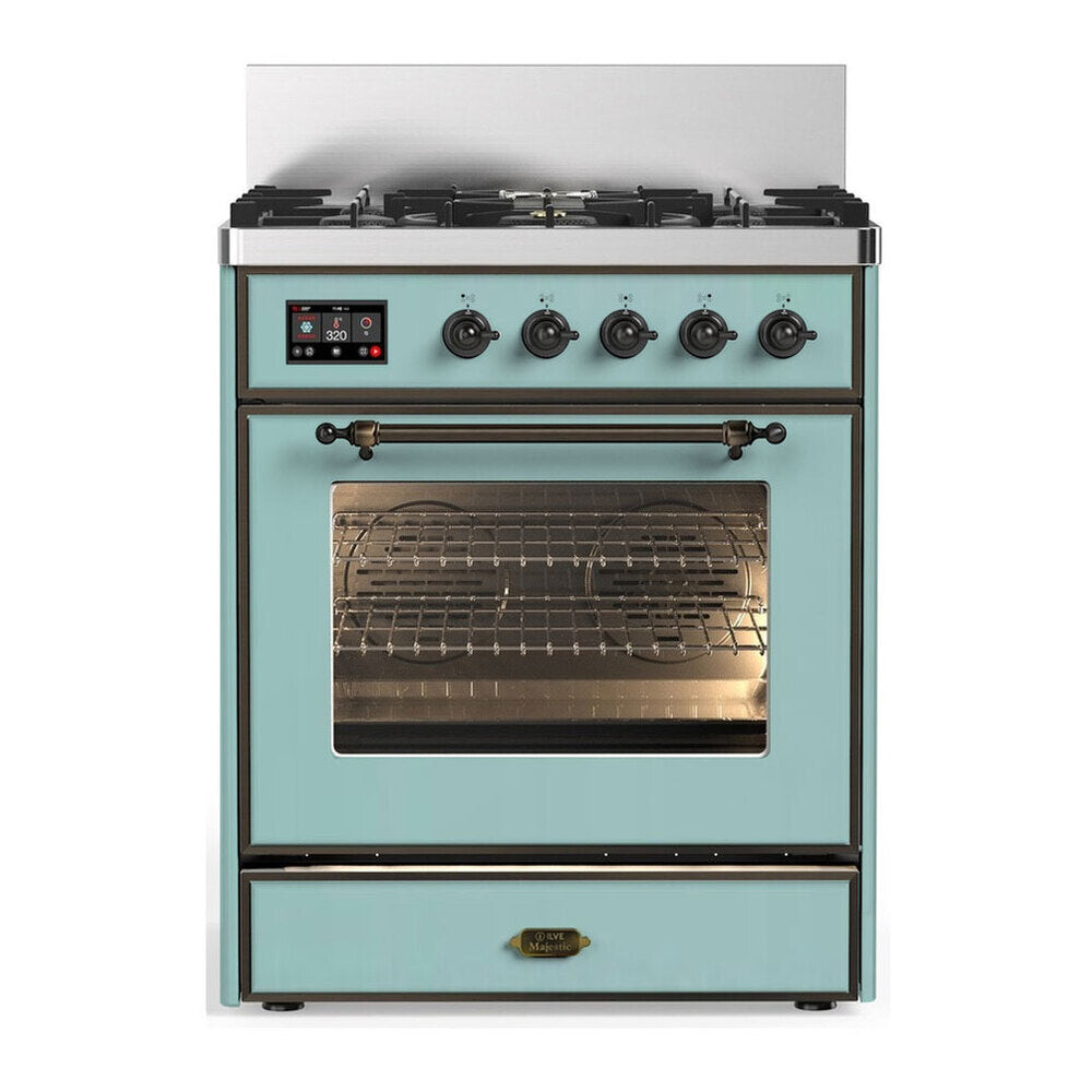 ILVE Majestic III 30-Inch Propane Dual Fuel Range, 5 Burners, Triple Glass Door Oven, Mediterranean Mint with Burnished Trim (UM30NR3MMBLP)