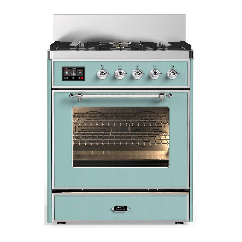 ILVE Majestic III 30-Inch Natural Gas Dual Fuel Range, 5 Burners, Triple Glass Door Oven, Mediterranean Mint with Chrome Trim (UM30NR3MMC)