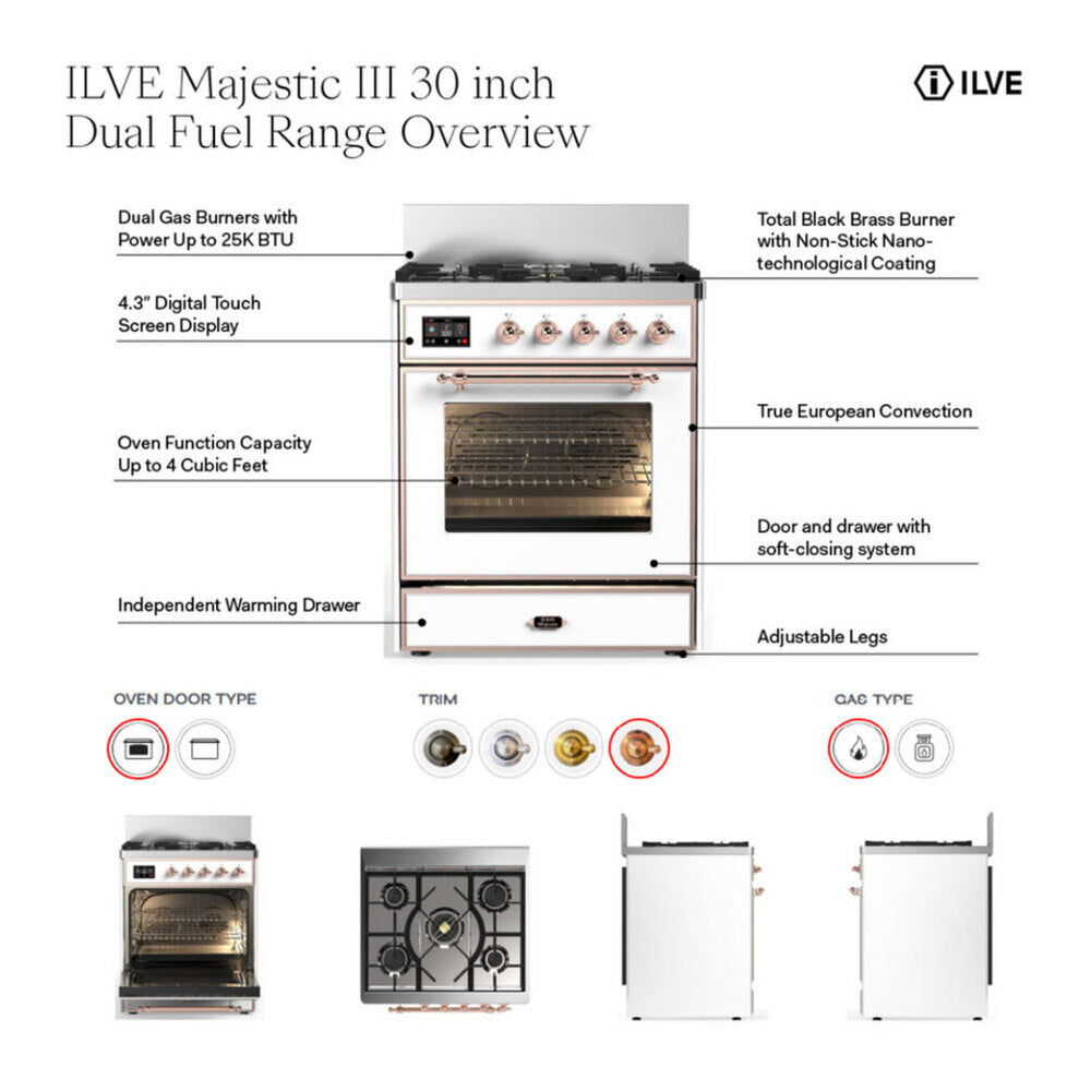 ILVE Majestic III 30-Inch Natural Gas Dual Fuel Range, 5 Burners, Triple Glass Door Oven, Mediterranean Mint with Brass Trim (UM30NR3MMG)