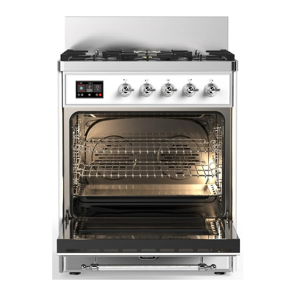 ILVE Majestic III 30-Inch Propane Dual Fuel Range, 5 Burners, Triple Glass Door Oven, RAL with Chrome Trim (UM30NR3RACLP)