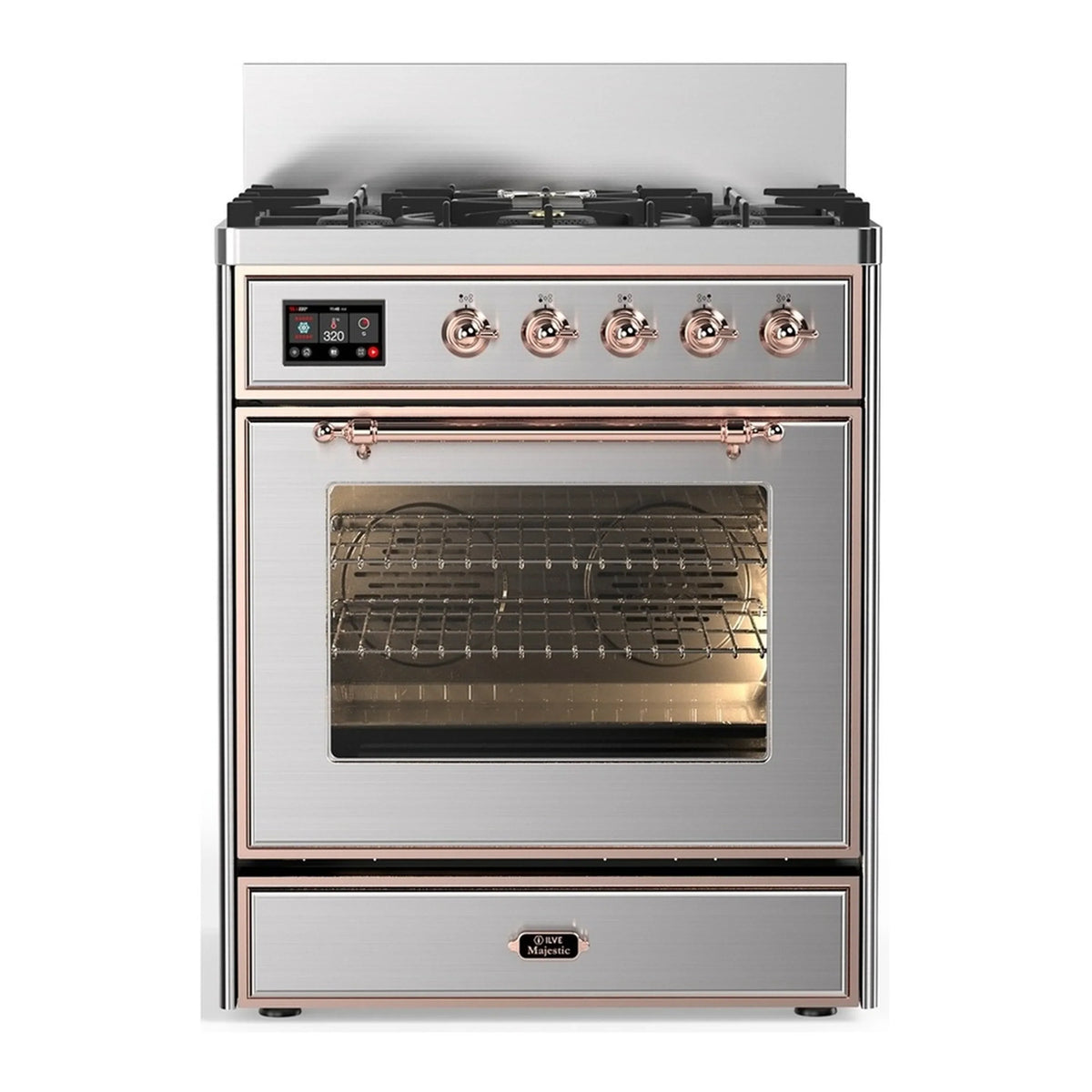 ILVE Majestic III 30-Inch Propane Dual Fuel Range, 5 Burners, Triple Glass Door Oven, Stainless Steel with Copper Trim (UM30NR3SSPLP)