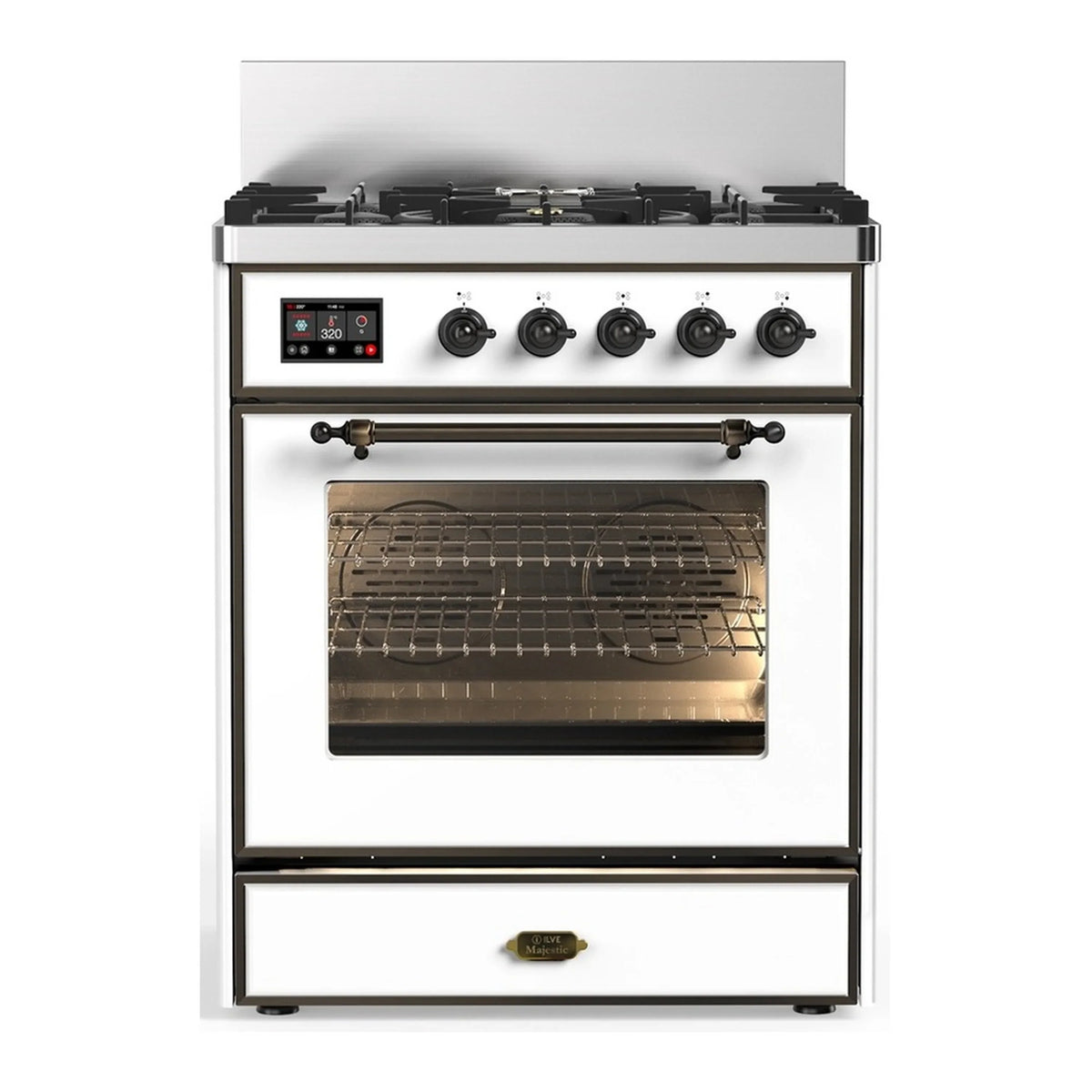 ILVE Majestic III 30-Inch Natural Gas Dual Fuel Range, 5 Burners, Triple Glass Door Oven, White with Burnished Trim (UM30NR3WHB)