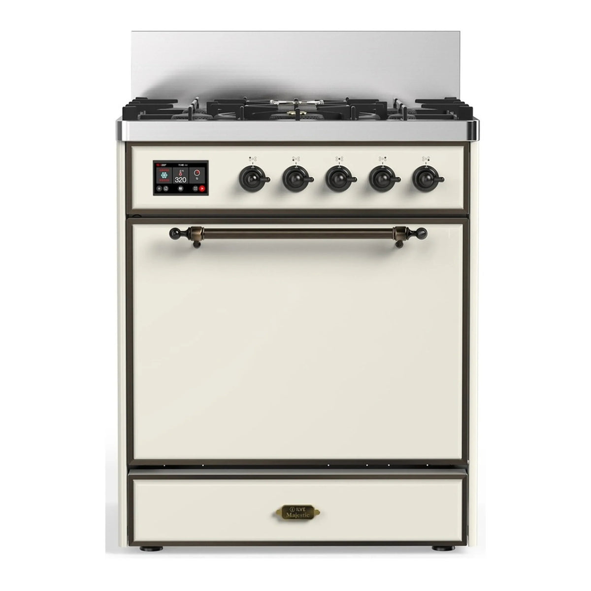 ILVE Majestic III 30-Inch Propane Dual Fuel Range, 5 Burners, Solid Door Oven, Antique White with Burnished Trim (UM30QNR3AWBLP)