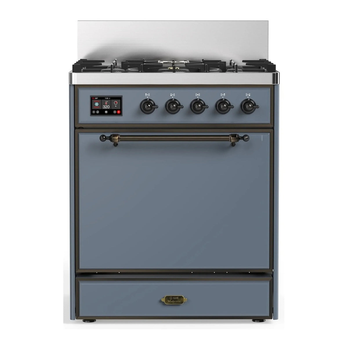 ILVE Majestic III 30-Inch Natural Gas Dual Fuel Range, 5 Burners, Solid Door Oven, Blue Grey with Burnished Trim (UM30QNR3BGB)