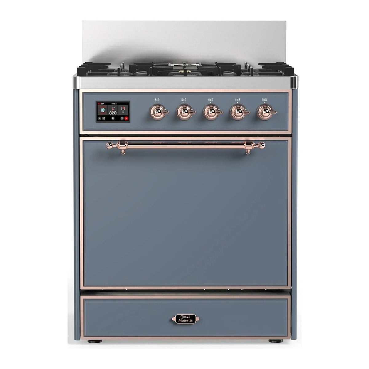 ILVE Majestic III 30-Inch Propane Dual Fuel Range, 5 Burners, Solid Door Oven, Blue Grey with Copper Trim (UM30QNR3BGPLP)