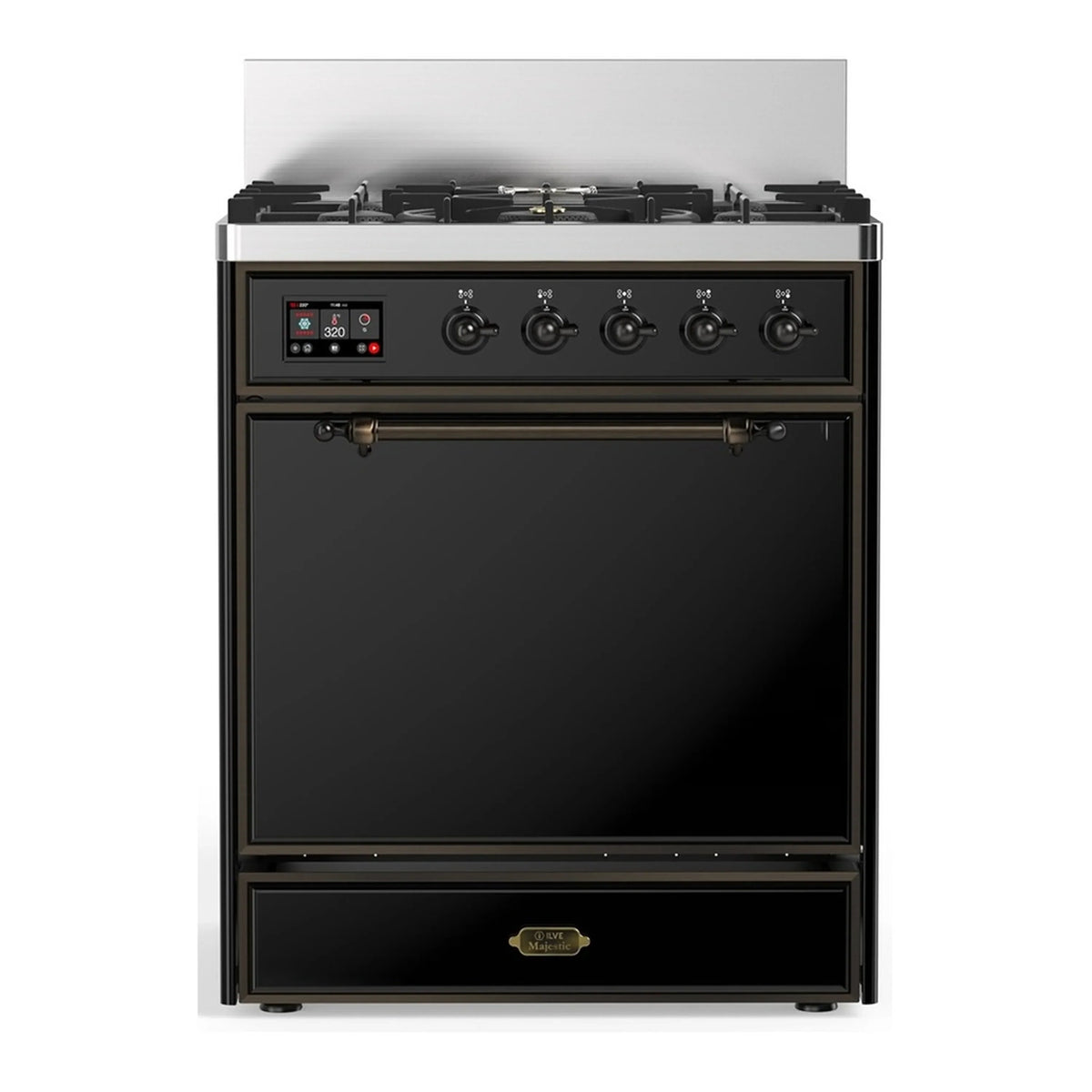 ILVE Majestic III 30-Inch Natural Gas Dual Fuel Range, 5 Burners, Solid Door Oven, Glossy Black with Burnished Trim (UM30QNR3BKB)